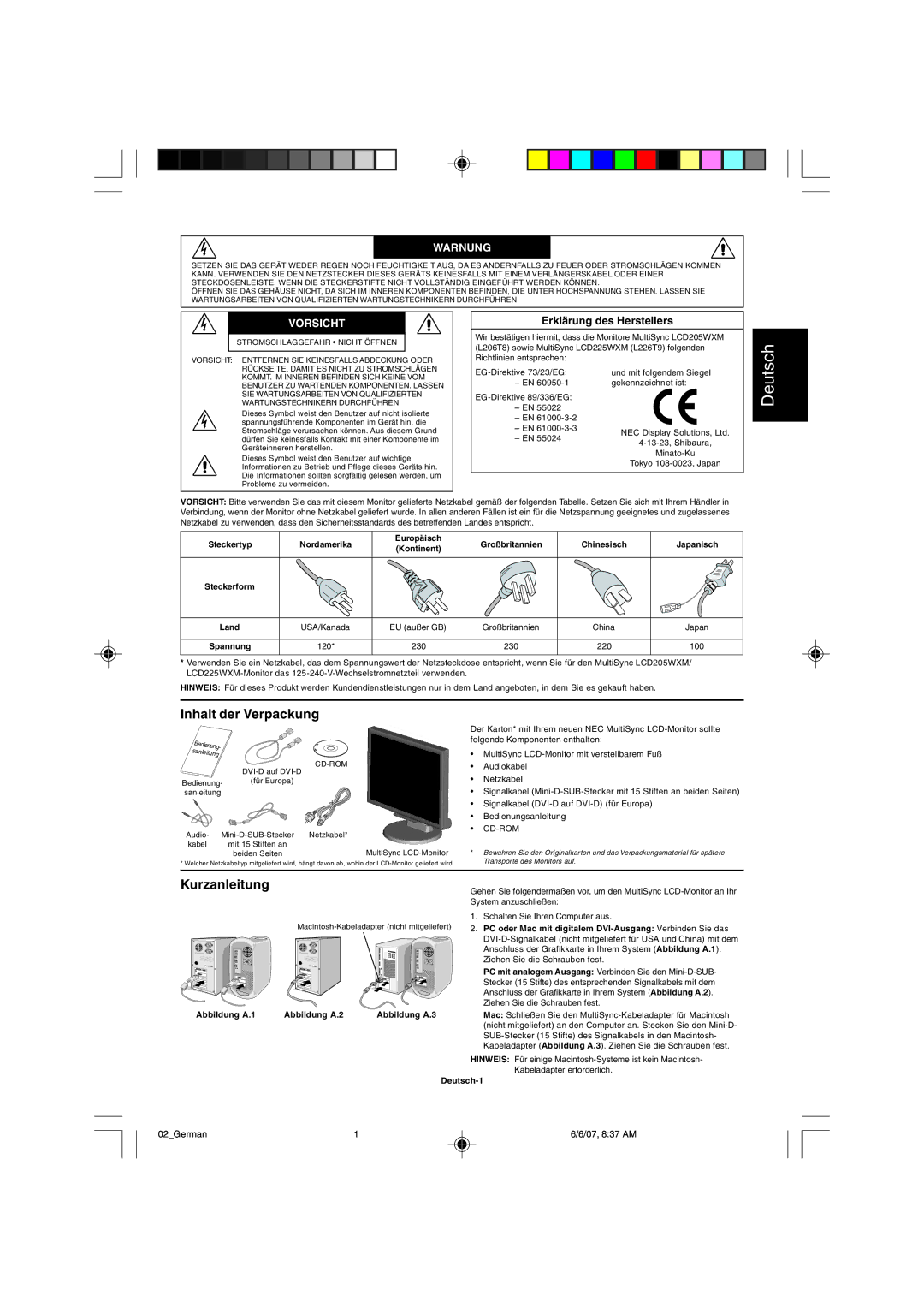 NEC LCD205WXM, LCD225WXM user manual Deutsch, Inhalt der Verpackung, Kurzanleitung, ErklŠrung des Herstellers 