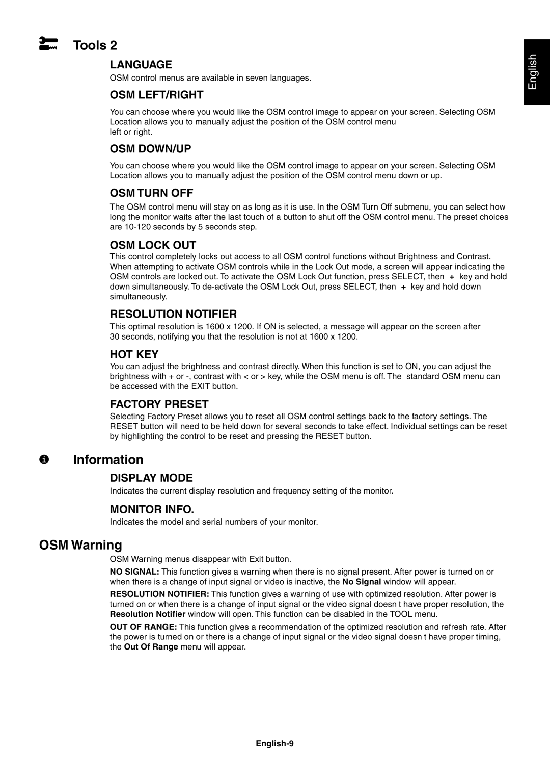 NEC LCD2060NX user manual Information, OSM Warning, English-9 