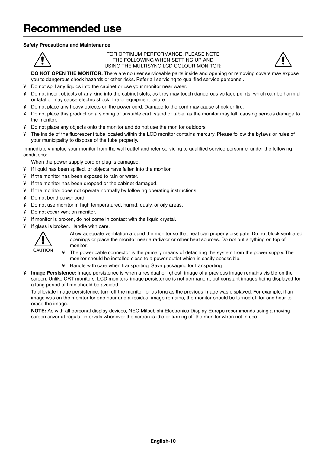 NEC LCD2060NX user manual Recommended use, Safety Precautions and Maintenance, English-10 