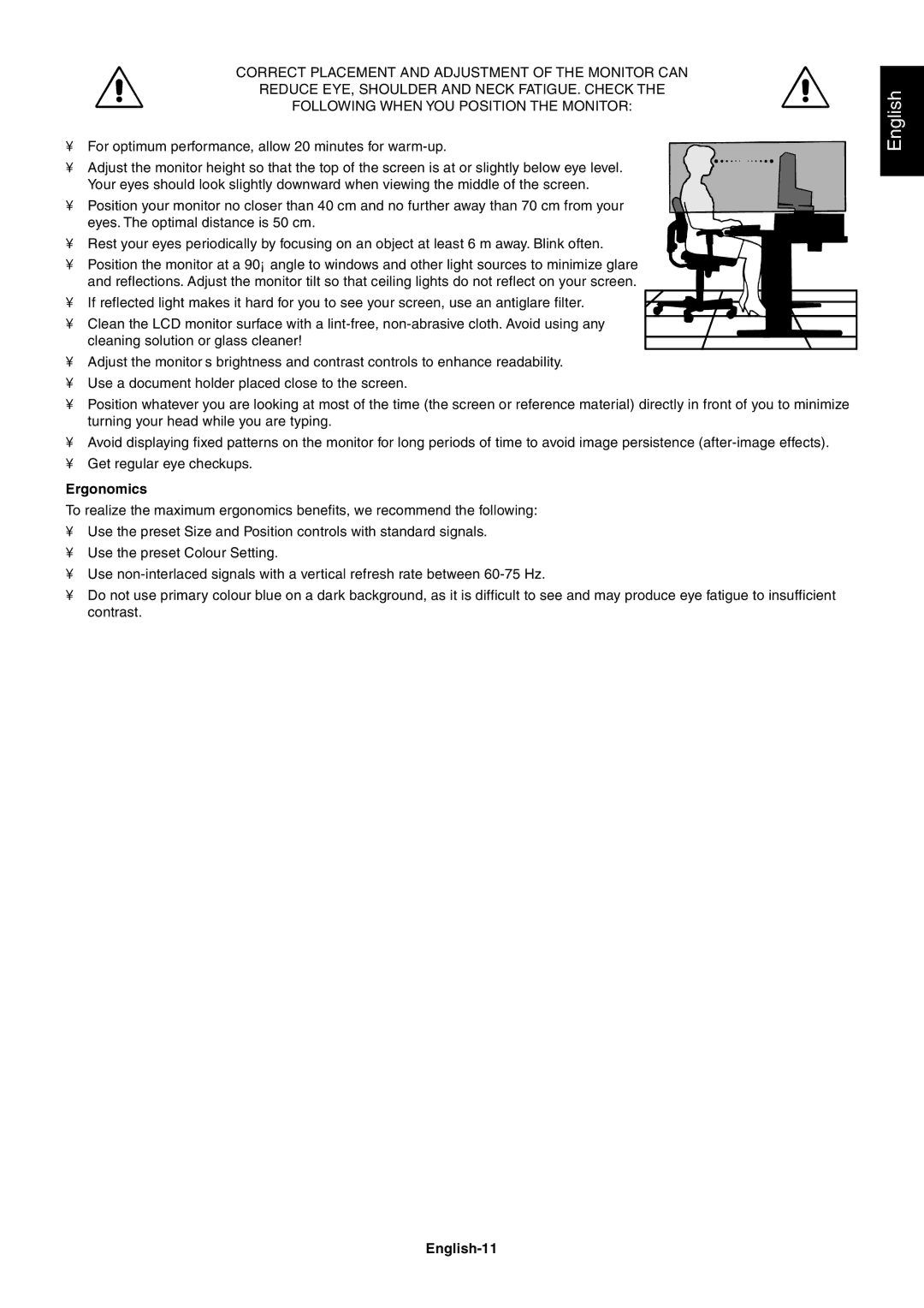 NEC LCD2060NX user manual Ergonomics, English-11 