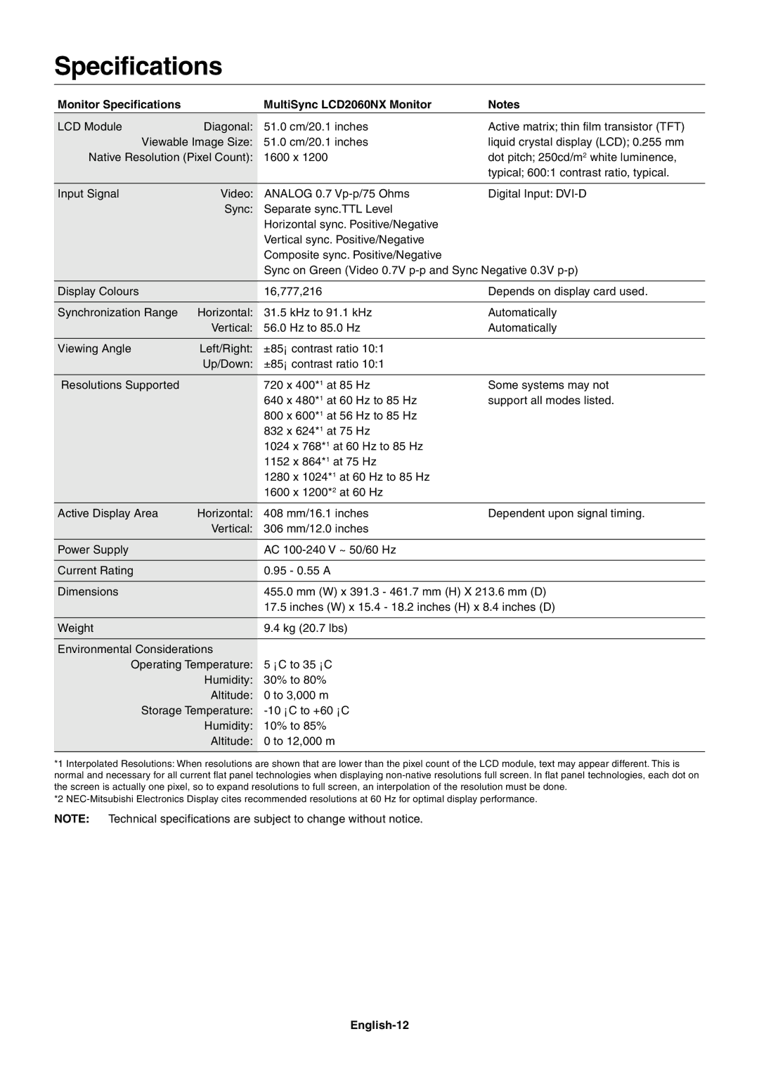 NEC user manual Monitor Specifications MultiSync LCD2060NX Monitor, English-12 