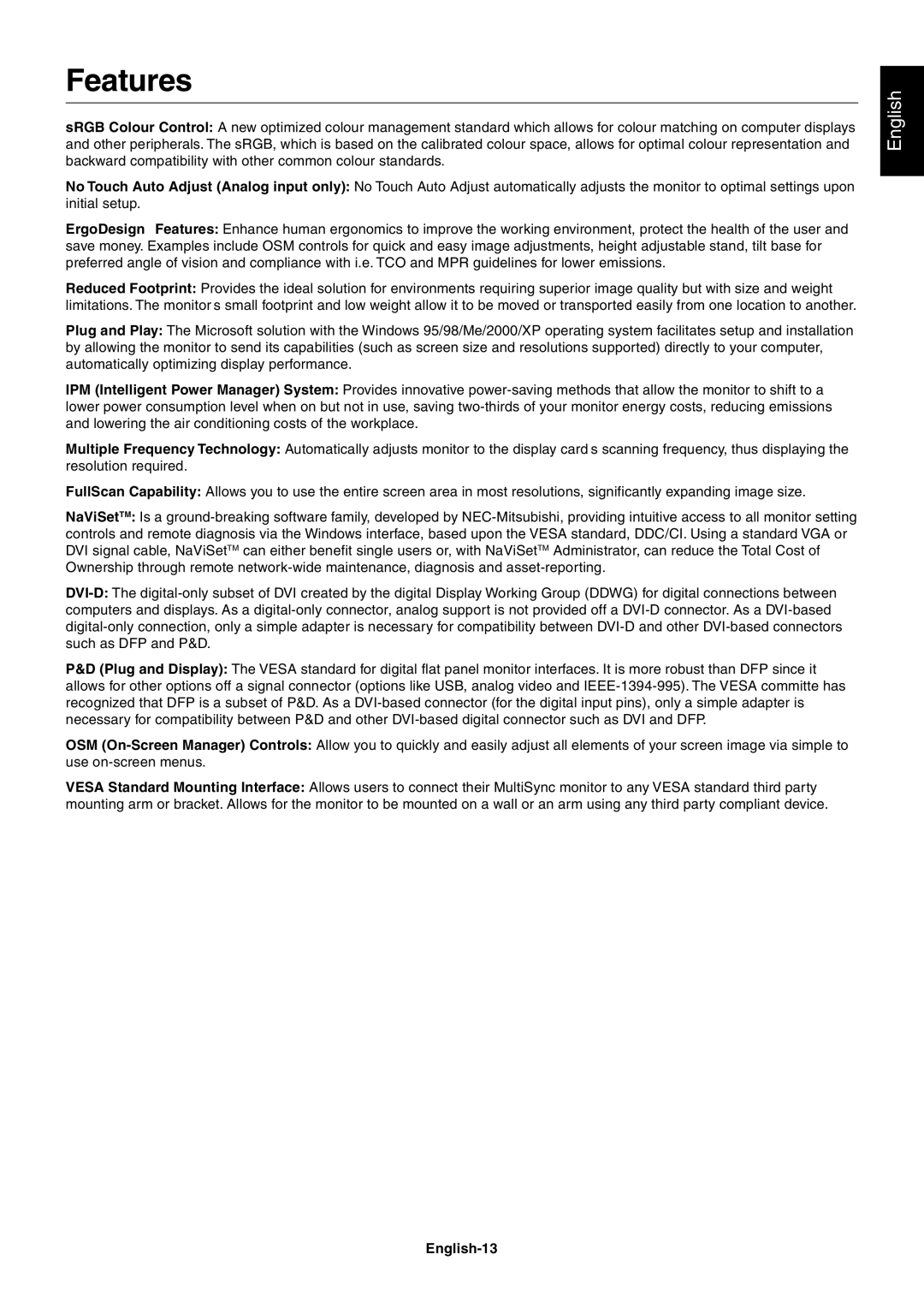 NEC LCD2060NX user manual Features, English-13 