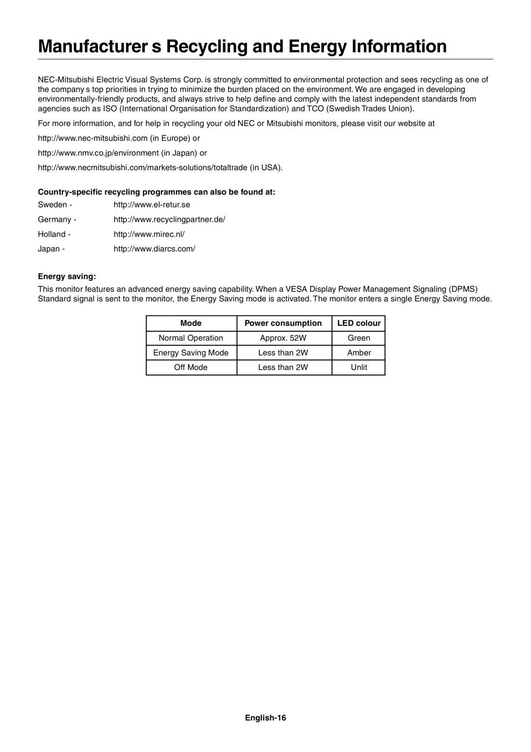 NEC LCD2060NX user manual Manufacturer’s Recycling and Energy Information, Mode Power consumption LED colour, English-16 