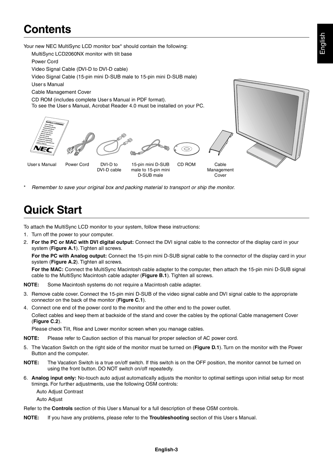 NEC LCD2060NX user manual Contents, Quick Start 