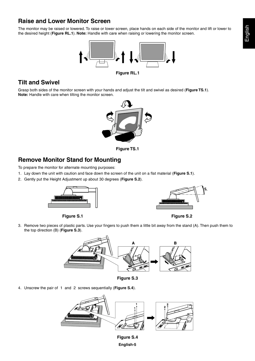 NEC LCD2060NX user manual Raise and Lower Monitor Screen, Tilt and Swivel, Remove Monitor Stand for Mounting, English-5 