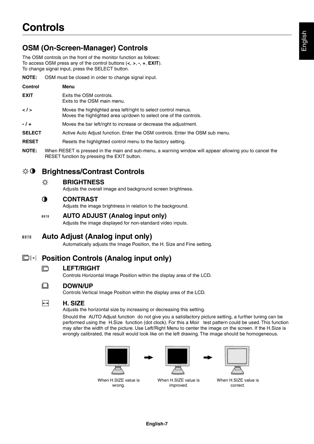 NEC LCD2060NX user manual OSM On-Screen-Manager Controls, Brightness/Contrast Controls, Auto Adjust Analog input only 