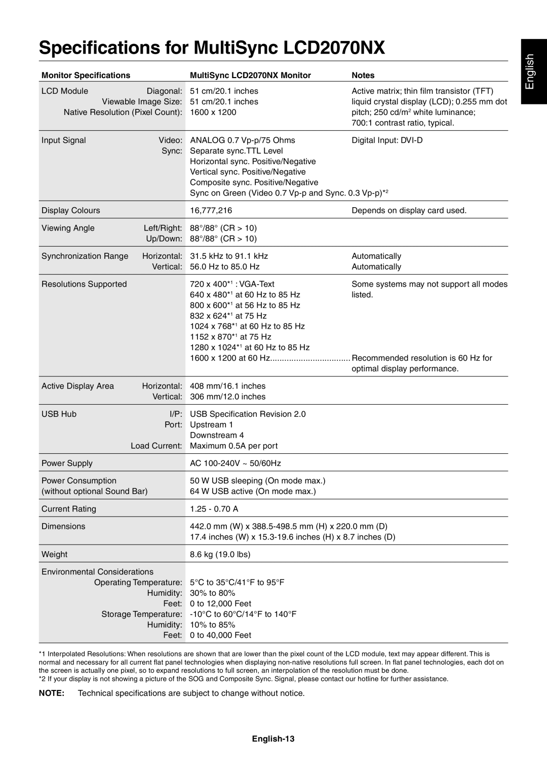 NEC user manual Specifications for MultiSync LCD2070NX, English 