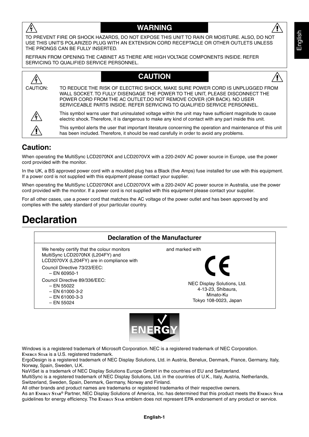 NEC LCD2070NX user manual Declaration of the Manufacturer, English 