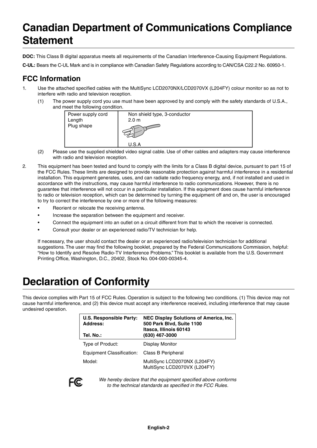 NEC LCD2070NX Canadian Department of Communications Compliance Statement, Declaration of Conformity, FCC Information 