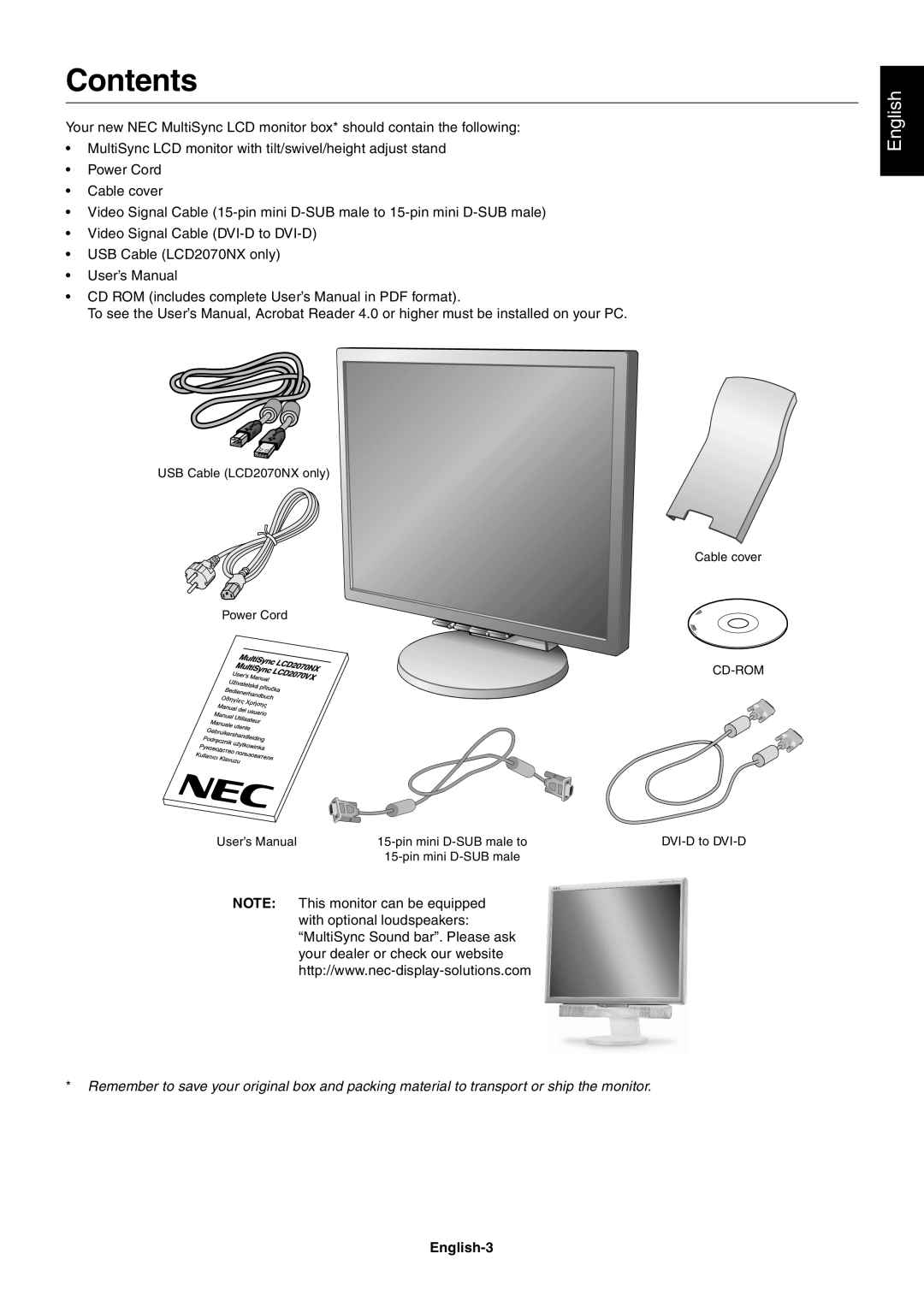 NEC LCD2070NX user manual Contents, English-3 
