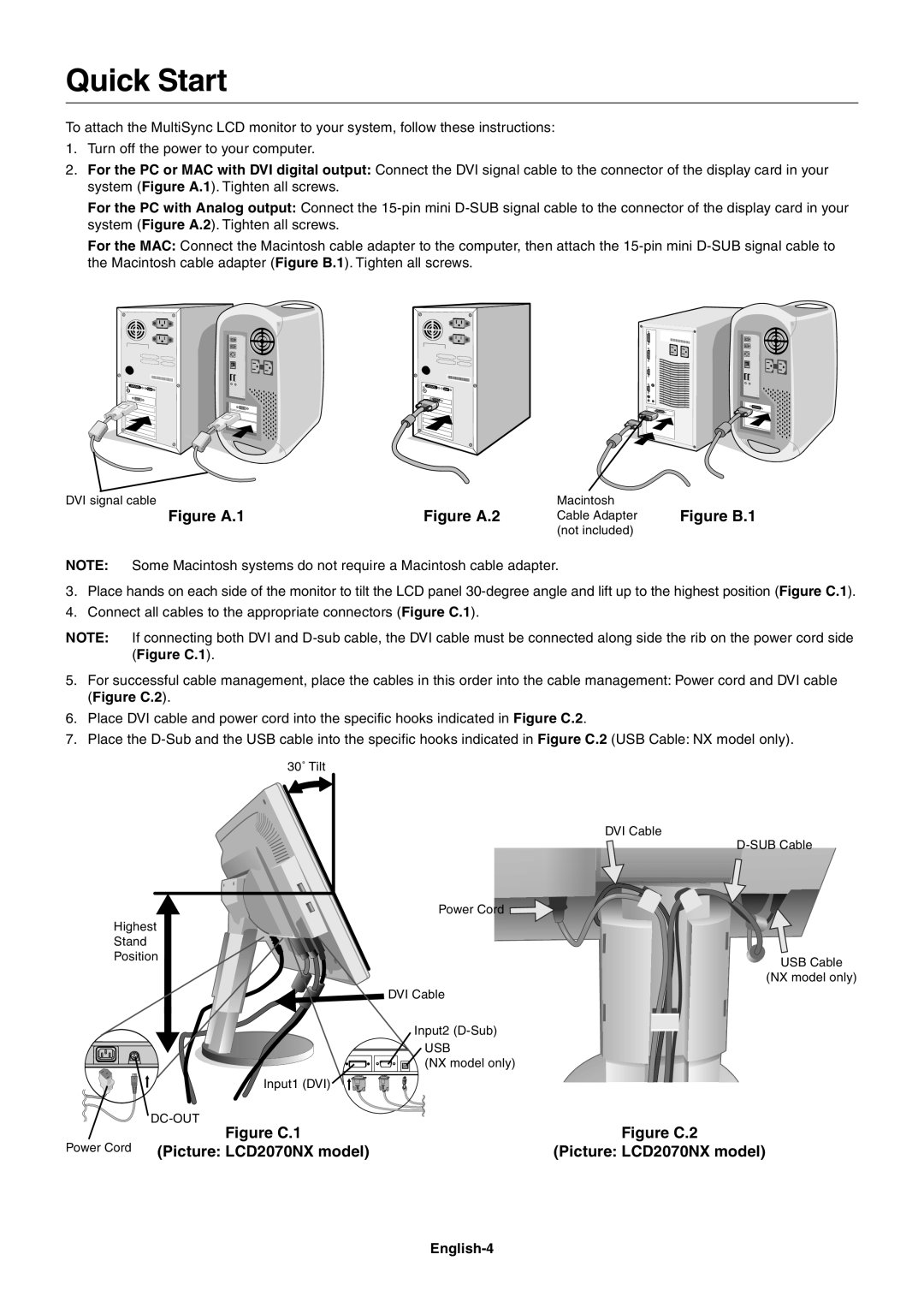 NEC user manual Quick Start, Figure A.1, Figure A.2, Figure C.1, Figure C.2, Power Cord Picture LCD2070NX model 