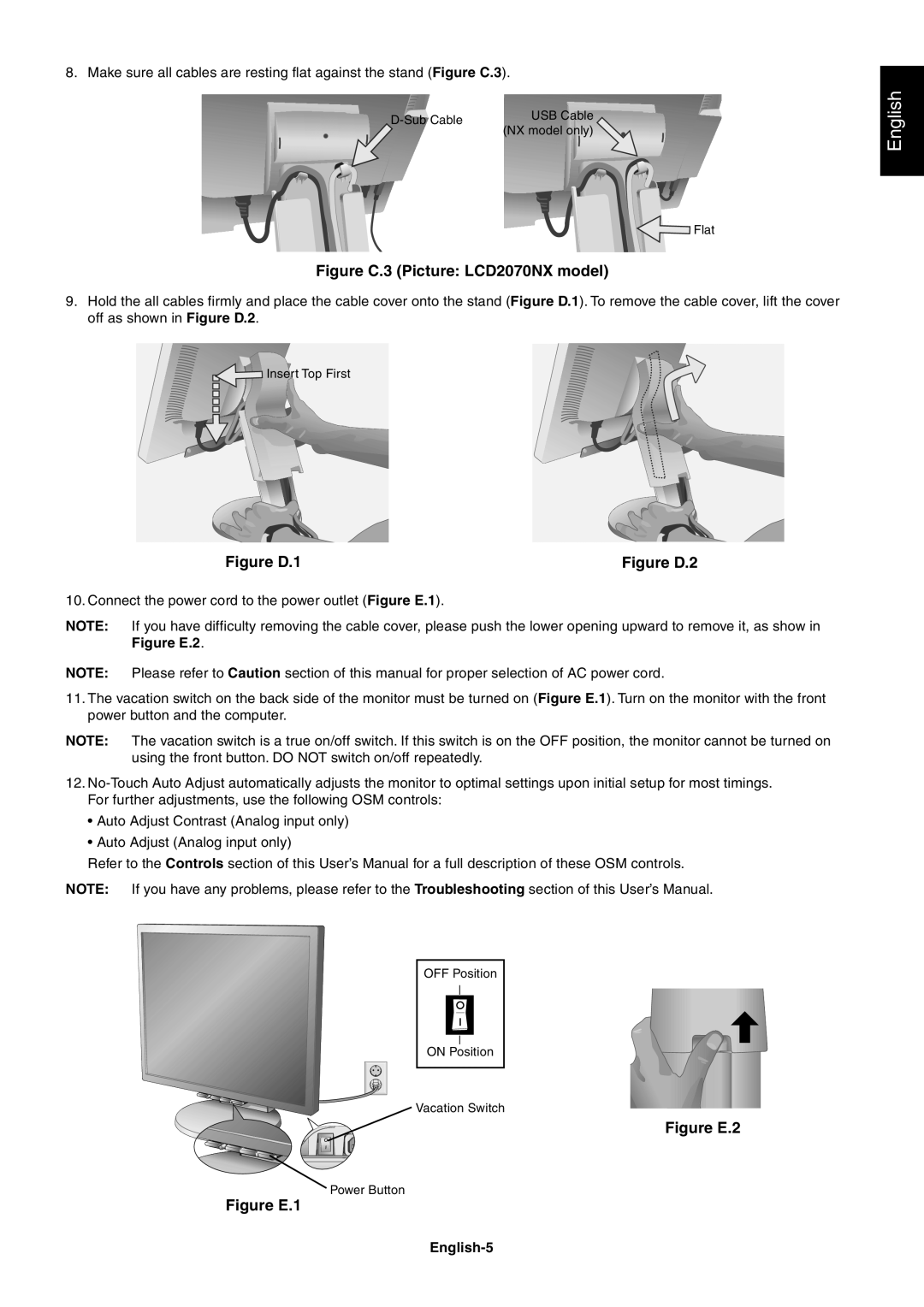 NEC user manual English, Figure C.3 Picture LCD2070NX model, Figure D.1, Figure D.2, Figure E.2, Figure E.1 