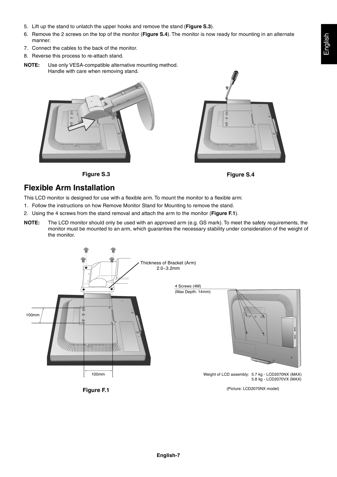 NEC LCD2070NX user manual Flexible Arm Installation, English, Figure S.3, Figure S.4, Figure F.1 
