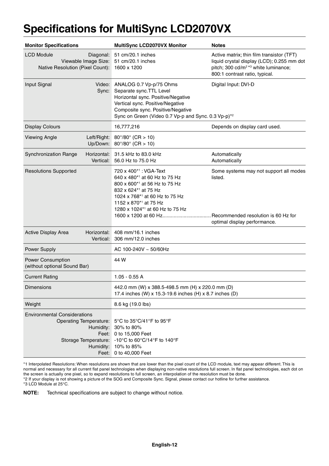 NEC LCD2070NX Specifications for MultiSync LCD2070VX, Monitor Specifications MultiSync LCD2070VX Monitor, English-12 