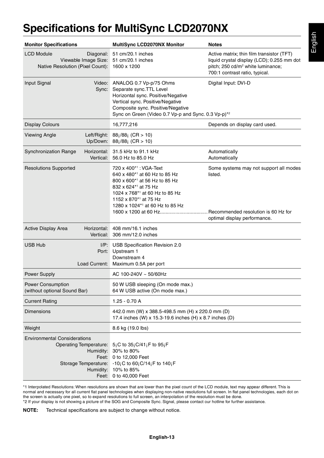 NEC user manual Specifications for MultiSync LCD2070NX, Monitor Specifications MultiSync LCD2070NX Monitor, English-13 