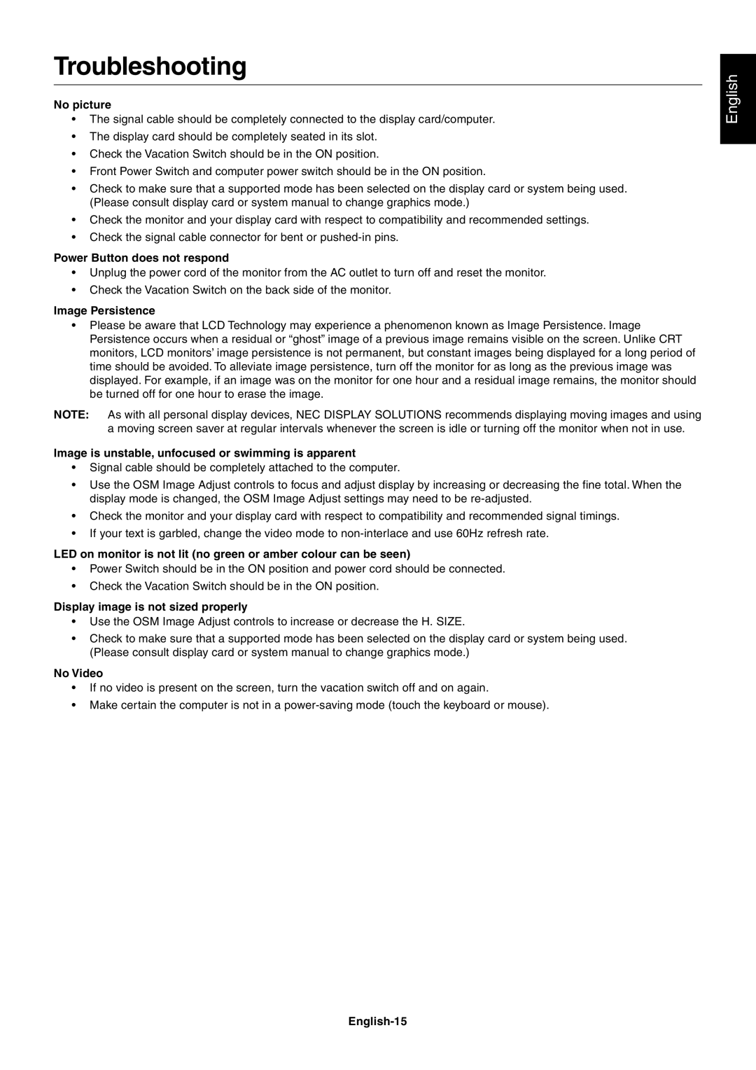 NEC LCD2070NX user manual Troubleshooting 