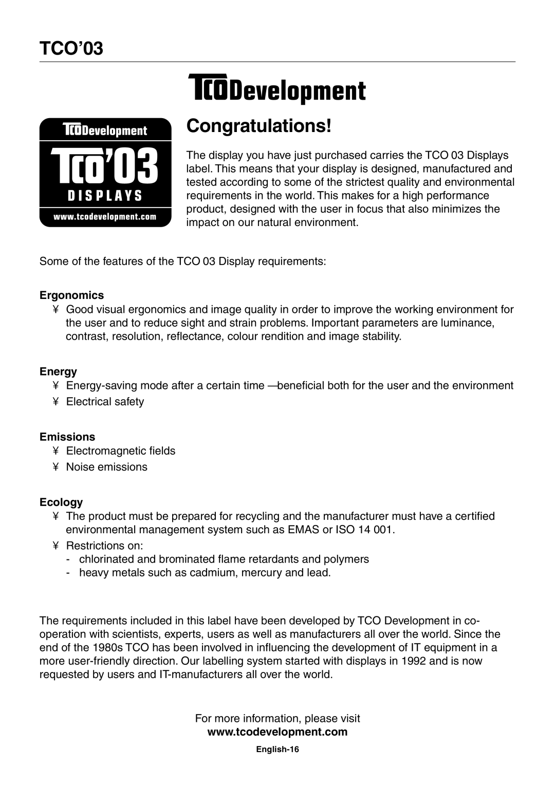 NEC LCD2070NX user manual TCO’03 Congratulations, English-16 