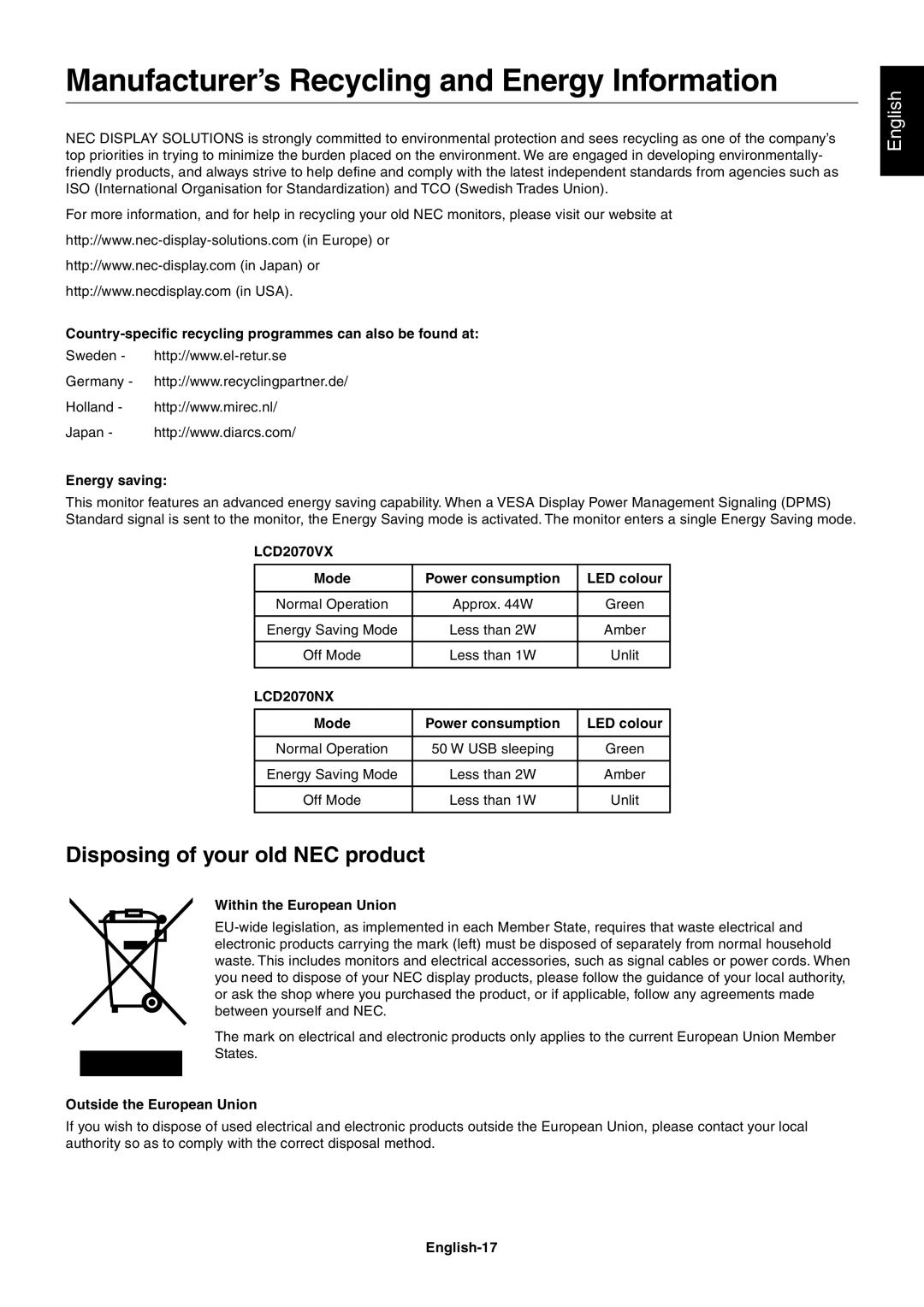 NEC LCD2070NX user manual Manufacturer’s Recycling and Energy Information, Disposing of your old NEC product 