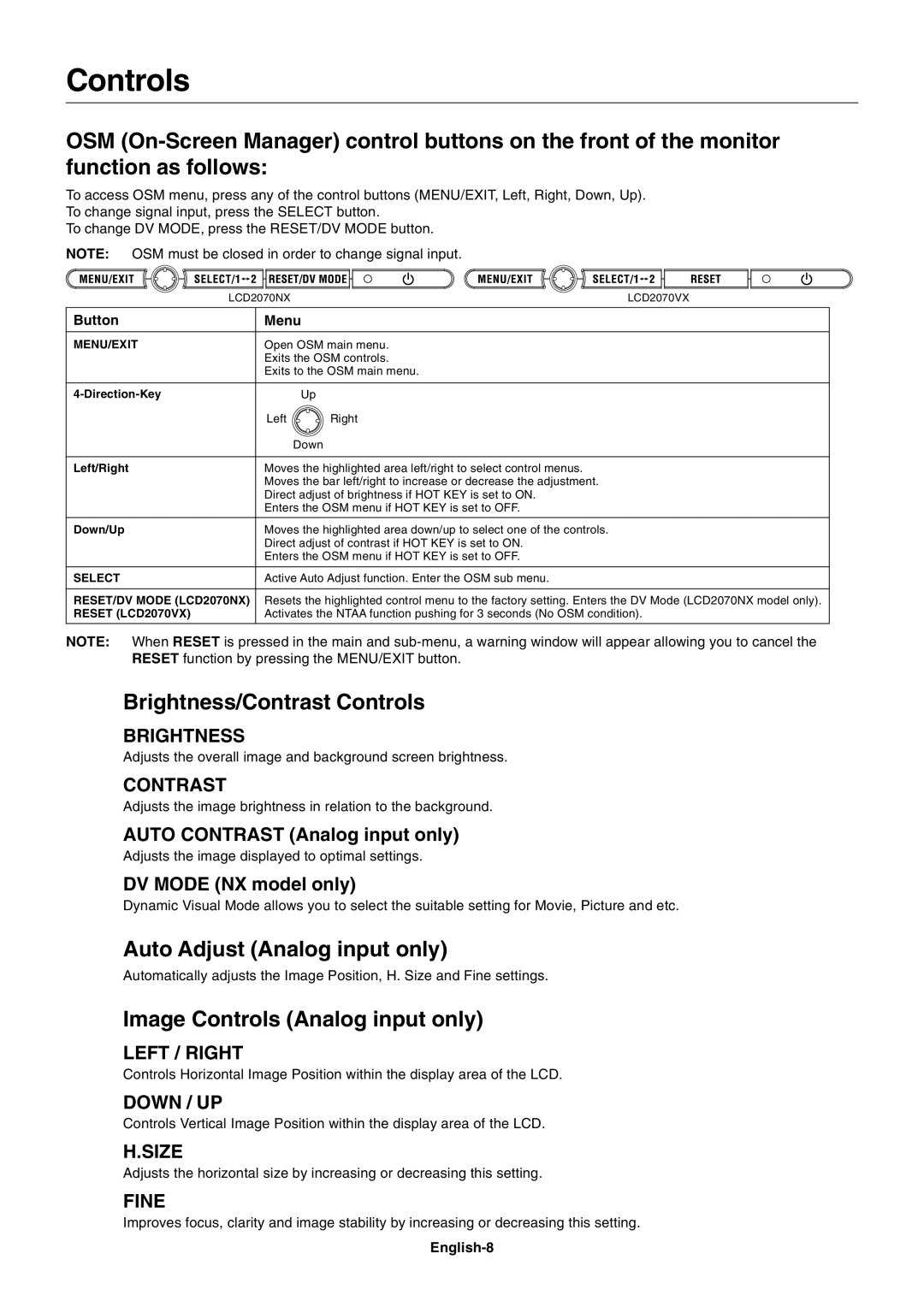 NEC LCD2070VX, LCD2070NX Brightness/Contrast Controls, Auto Adjust Analog input only, Image Controls Analog input only 