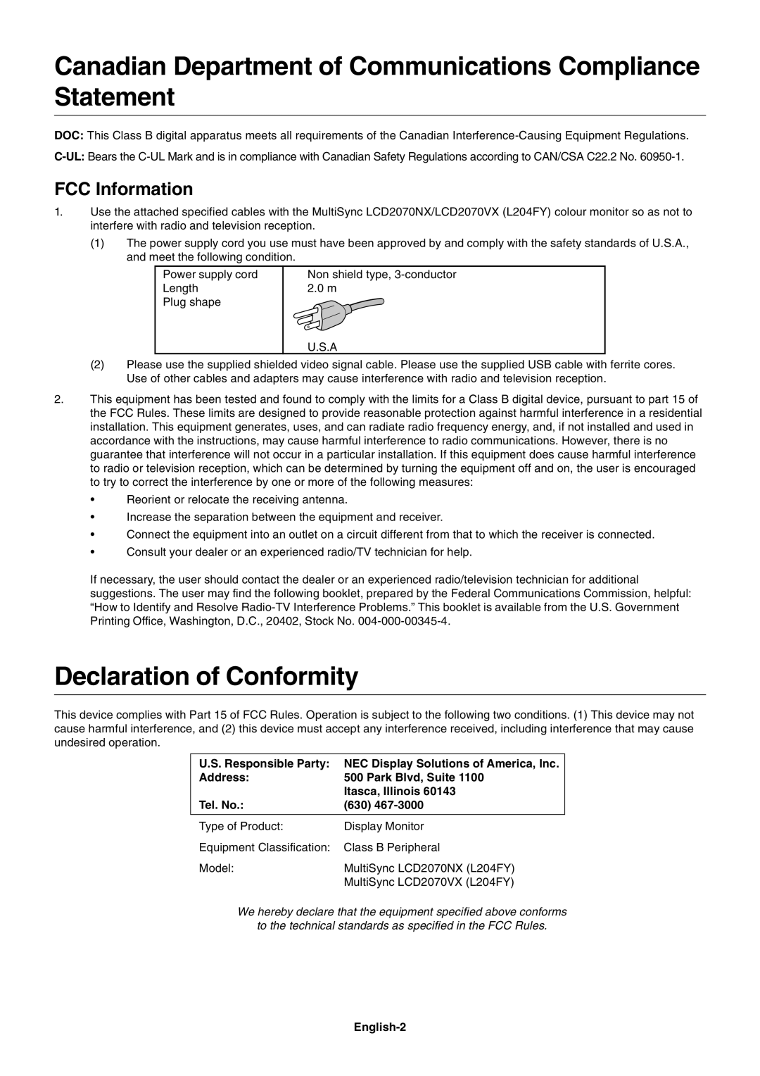 NEC LCD2070VX Canadian Department of Communications Compliance Statement, Declaration of Conformity, FCC Information 