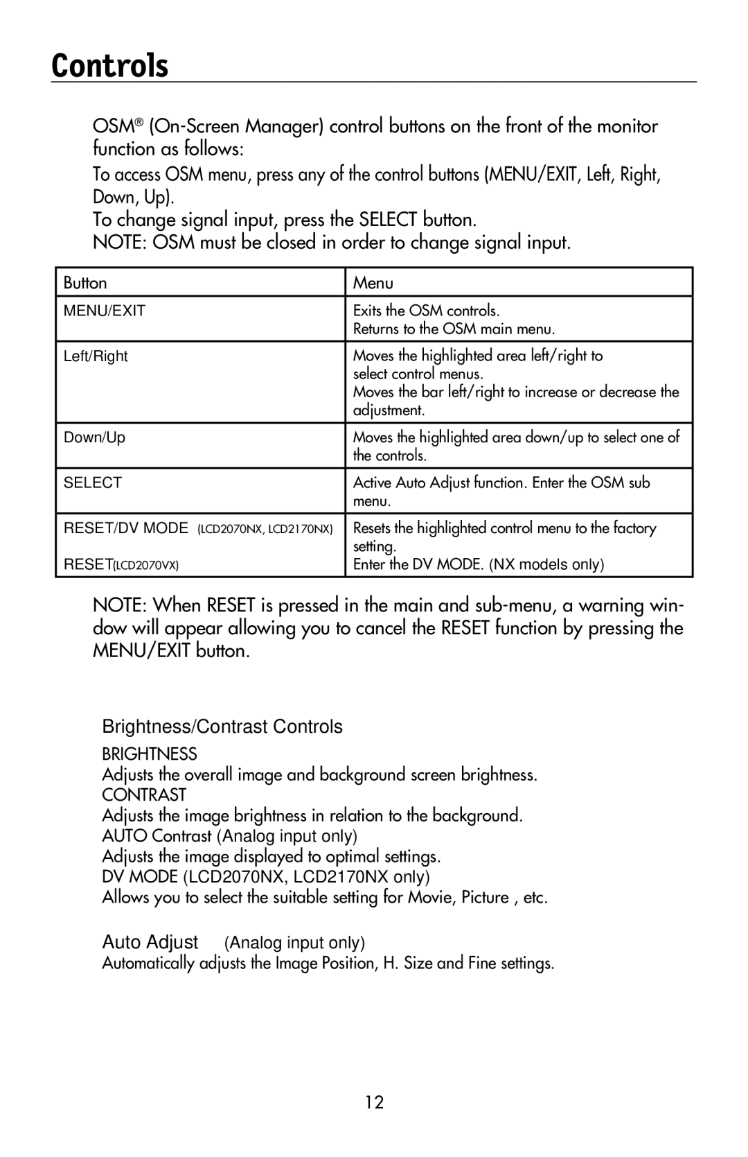 NEC LCD2070VX, LCD2170NX user manual Brightness/Contrast Controls 