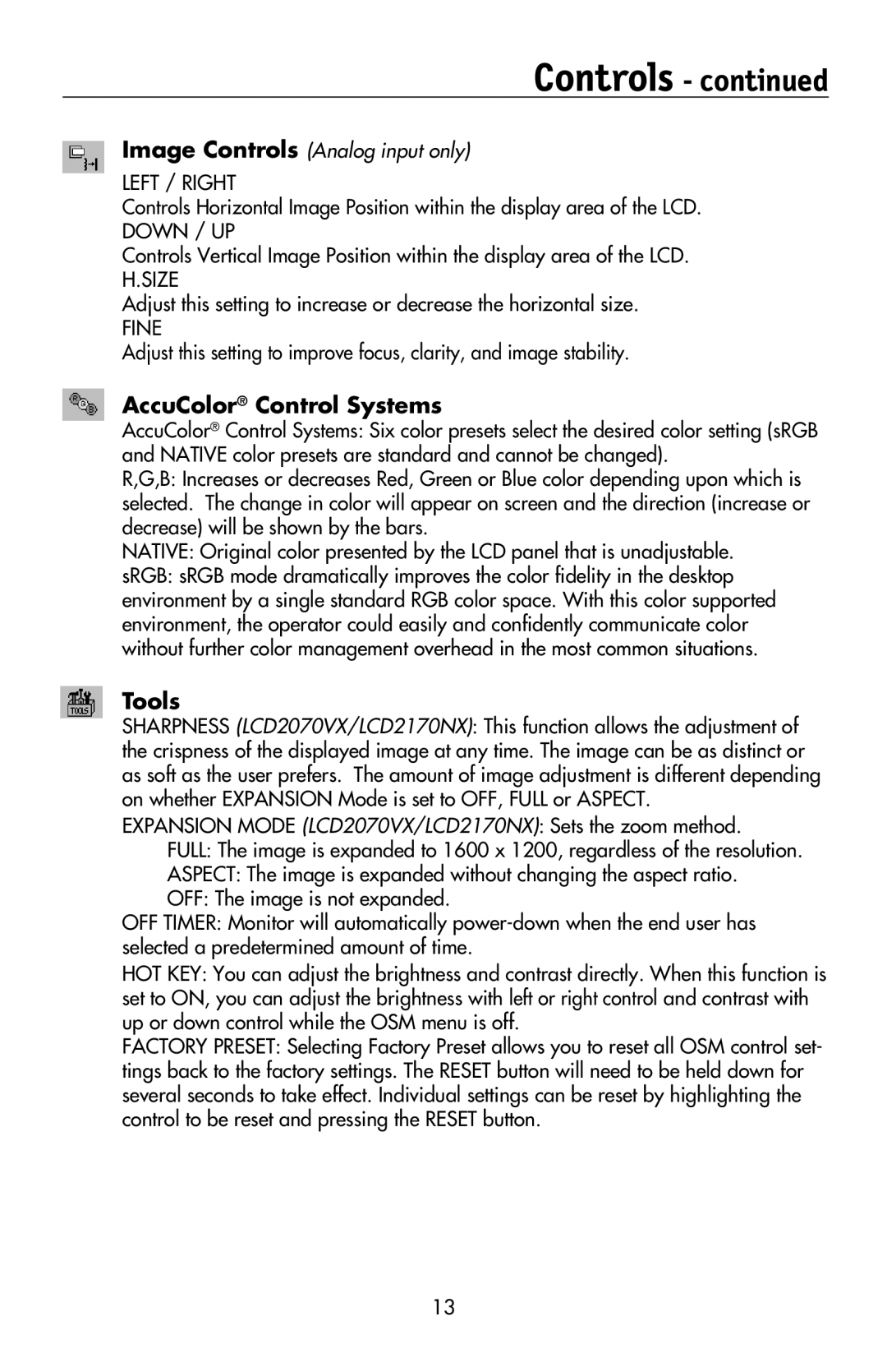 NEC LCD2170NX, LCD2070VX user manual Controls, AccuColor Control Systems, Tools 