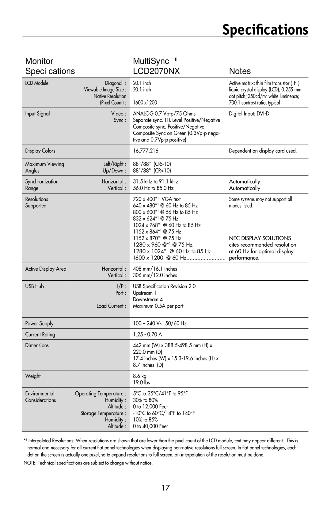 NEC LCD2170NX, LCD2070VX user manual Monitor MultiSync Specifications 