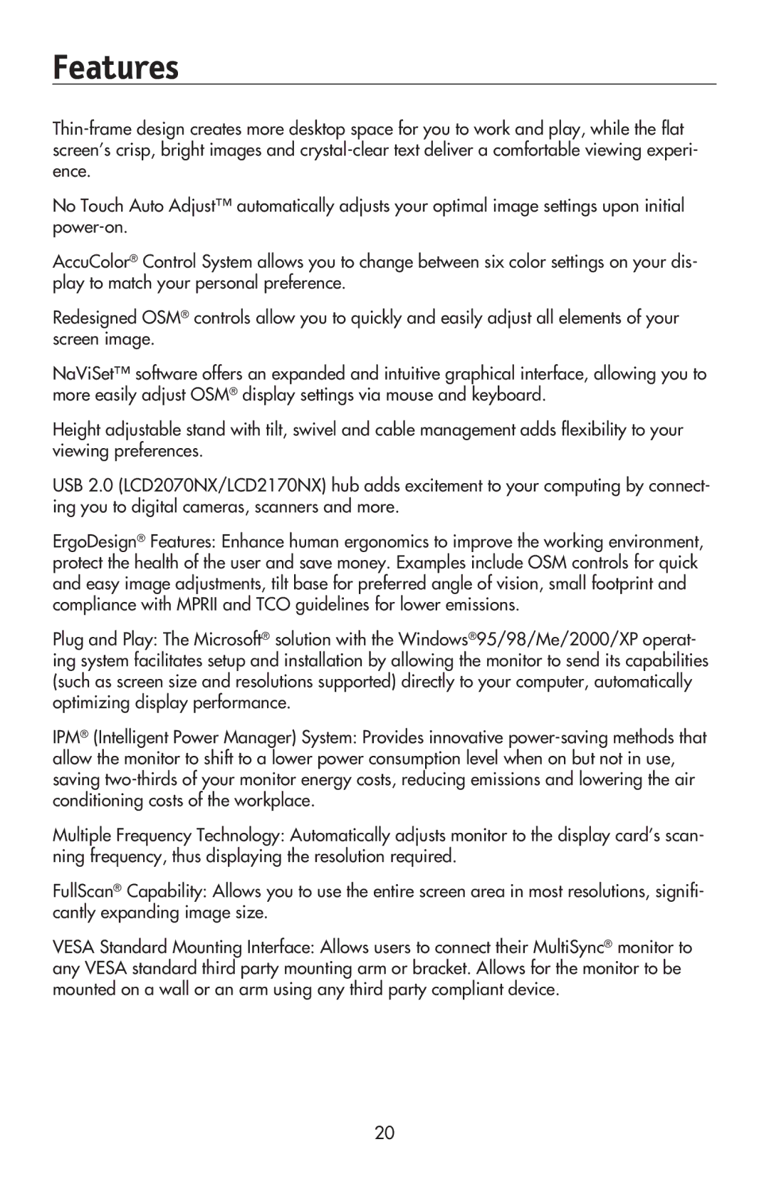 NEC LCD2070VX, LCD2170NX user manual Features 