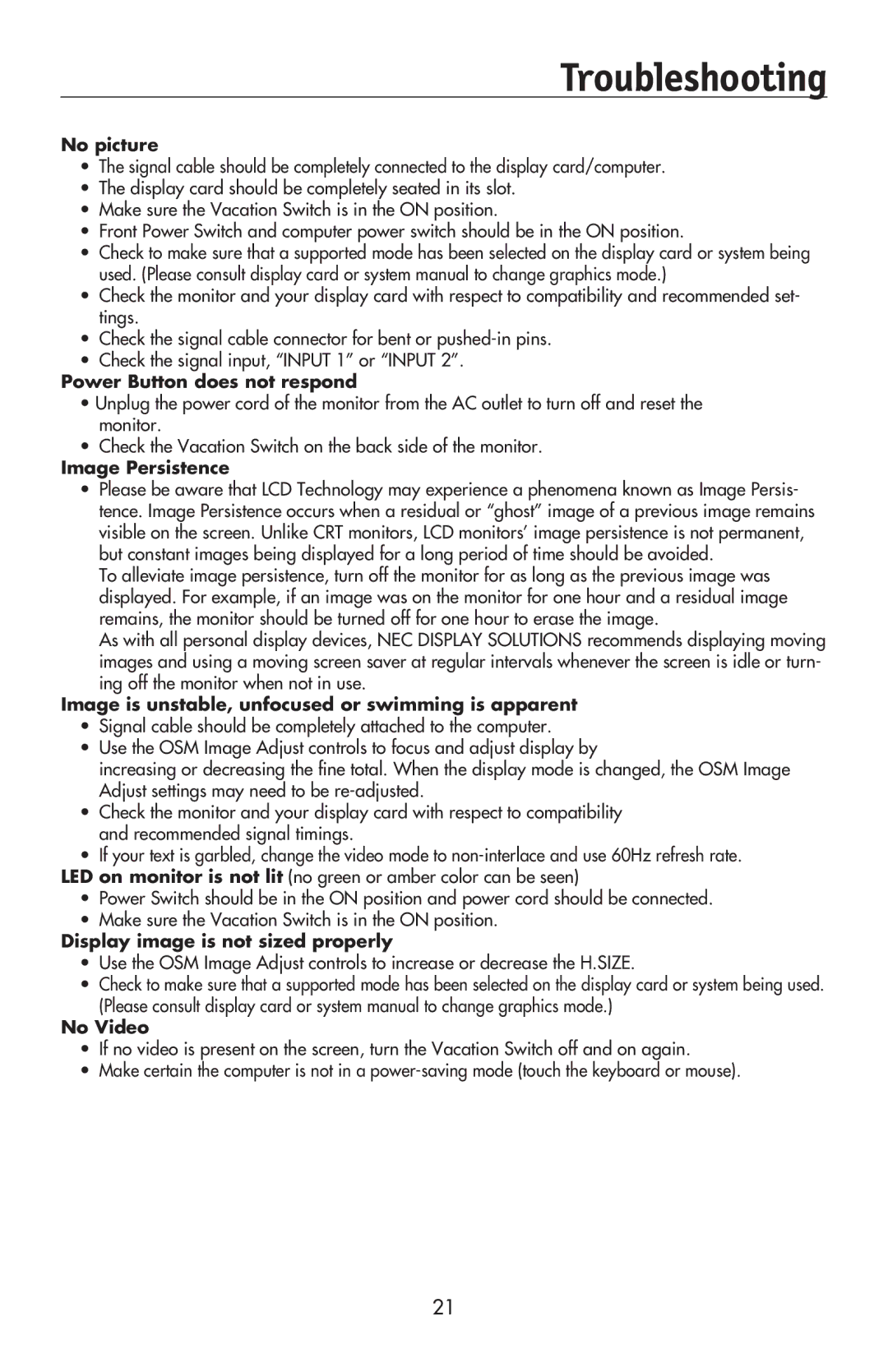 NEC LCD2170NX, LCD2070VX user manual Troubleshooting, No picture 