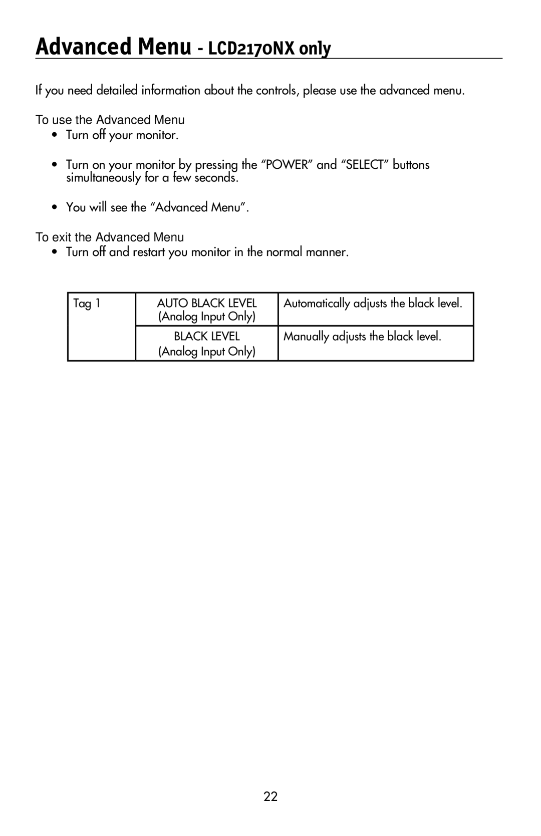 NEC LCD2070VX user manual Advanced Menu LCD2170NX only, To use the Advanced Menu 