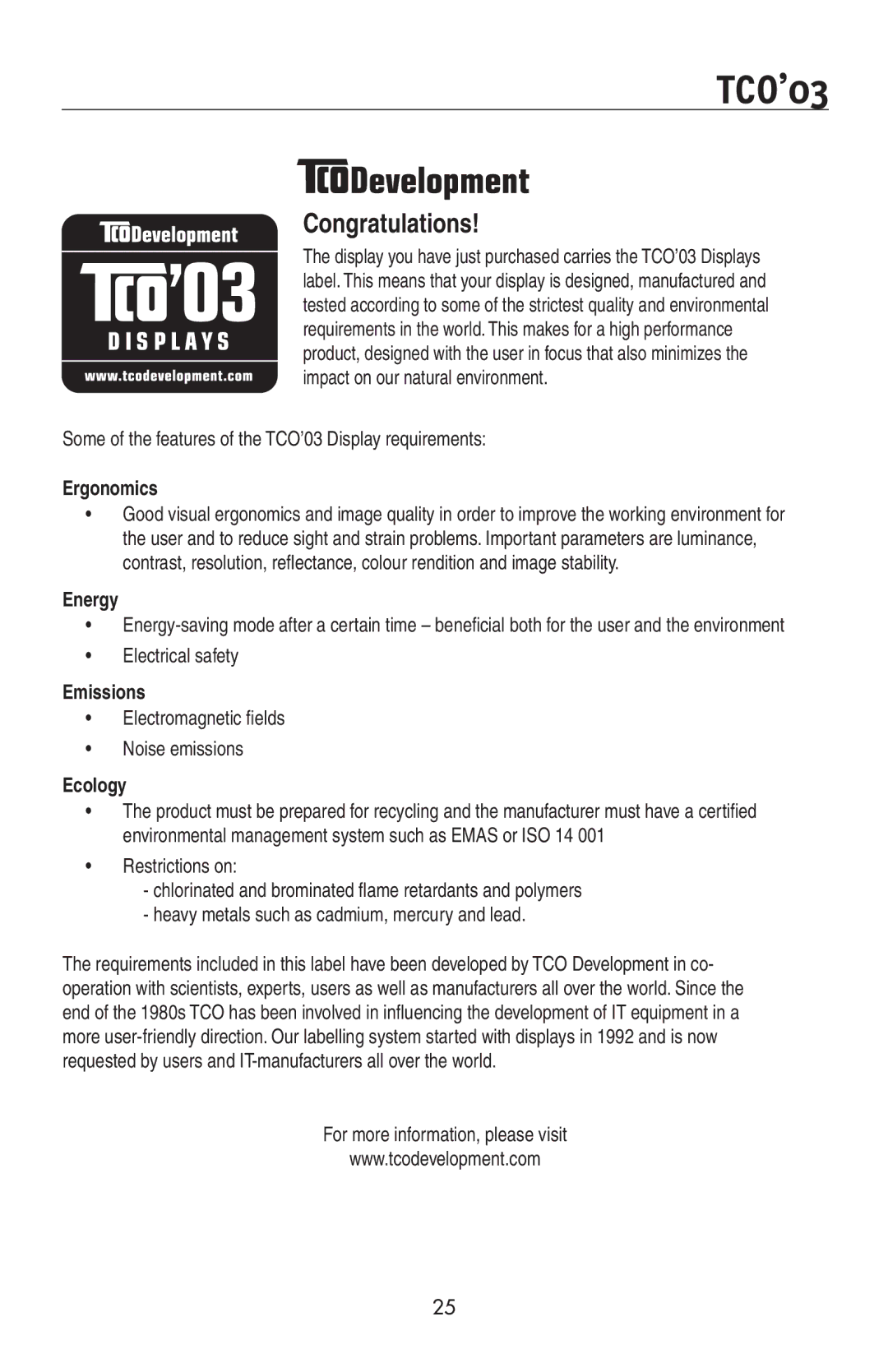 NEC LCD2170NX, LCD2070VX user manual TCO’03, Congratulations 