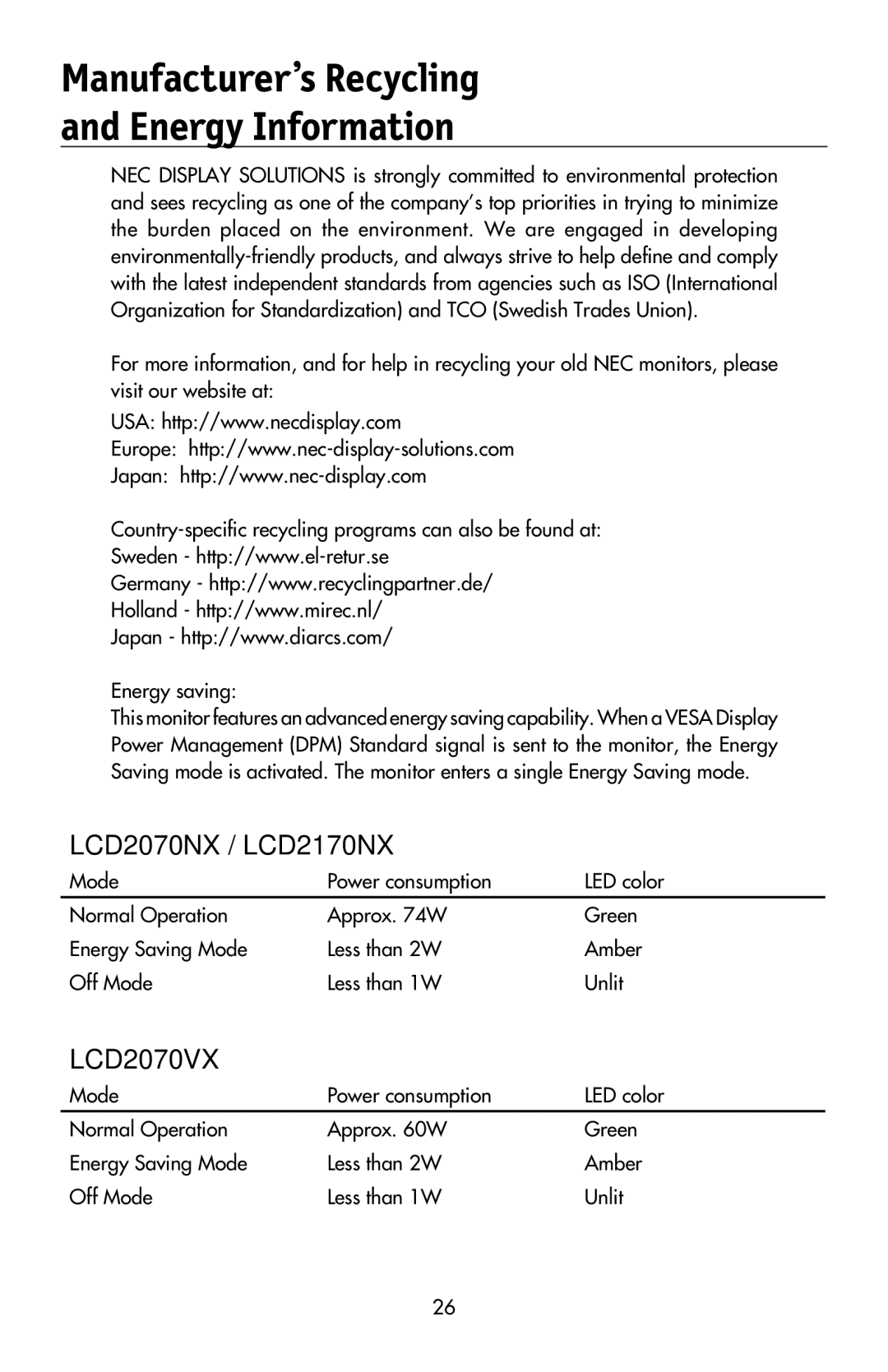 NEC LCD2070VX user manual Manufacturer’s Recycling Energy Information, LCD2070NX / LCD2170NX 