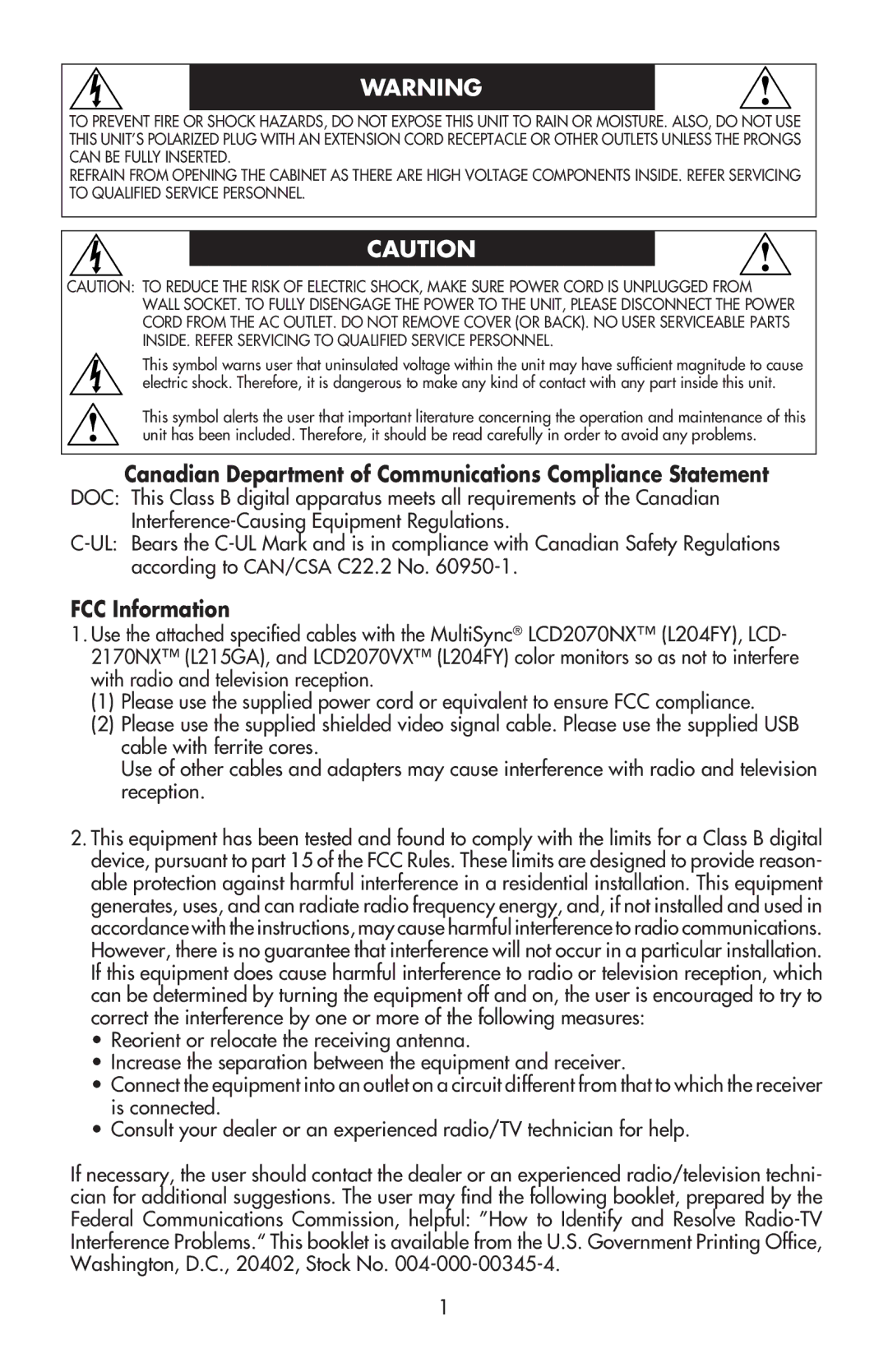 NEC LCD2170NX, LCD2070VX user manual Canadian Department of Communications Compliance Statement, FCC Information 