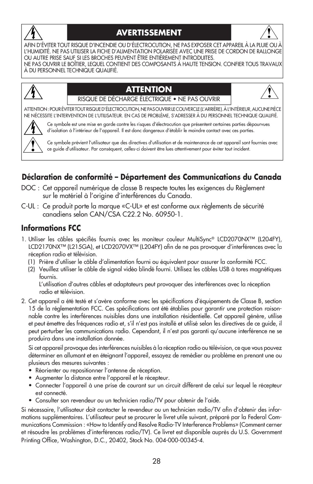 NEC LCD2070VX, LCD2170NX user manual Avertissement, Informations FCC 