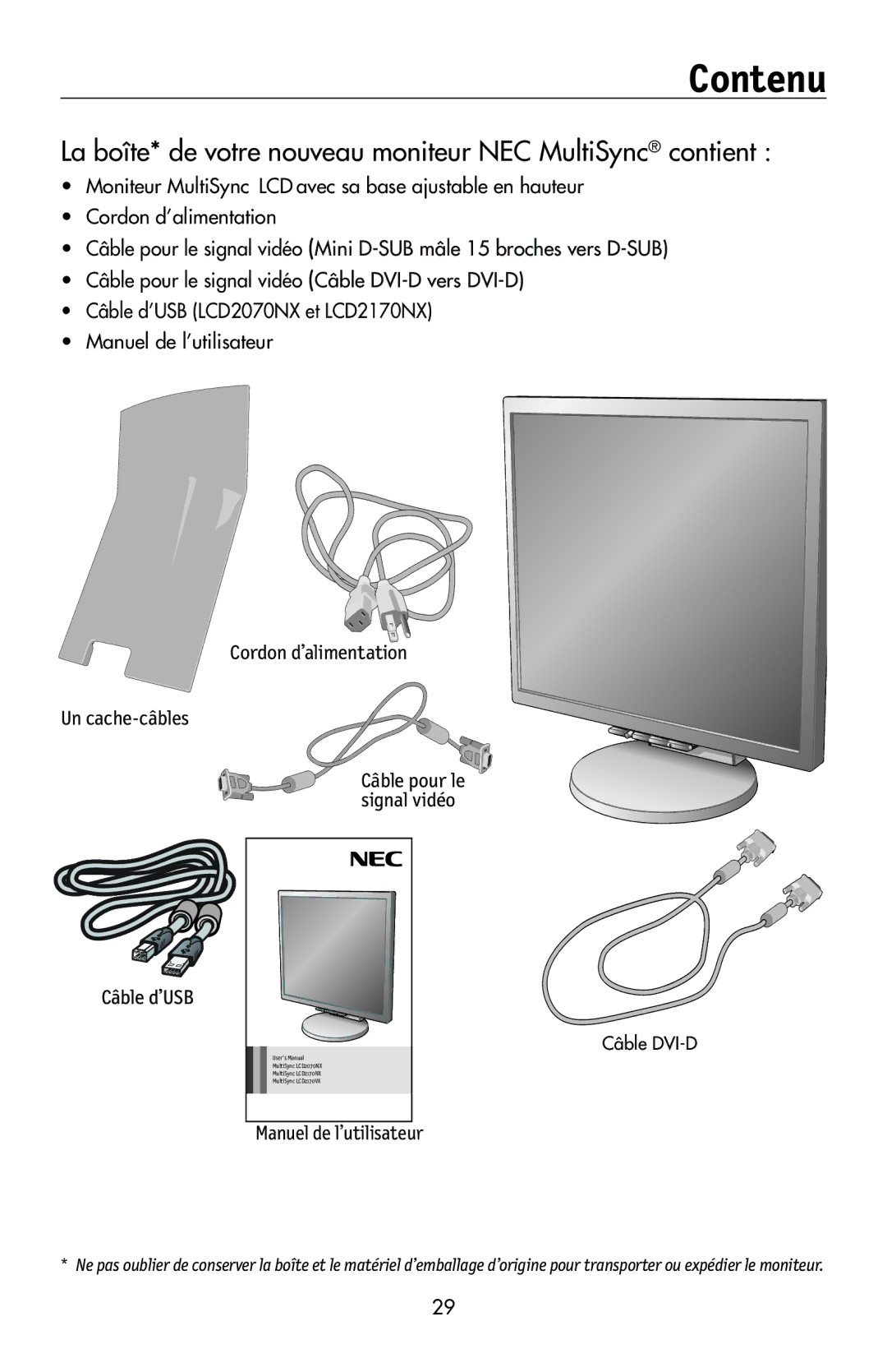 NEC LCD2170NX, LCD2070VX user manual Contenu, La boîte* de votre nouveau moniteur NEC MultiSync contient 