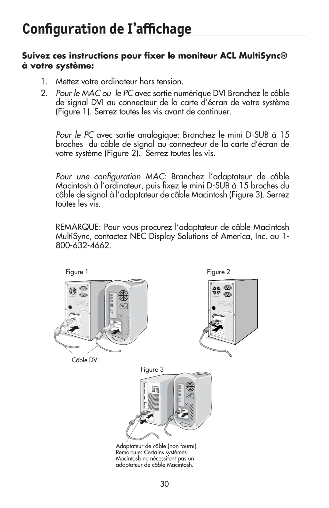 NEC LCD2070VX, LCD2170NX user manual Configuration de I’affichage, Câble DVI 