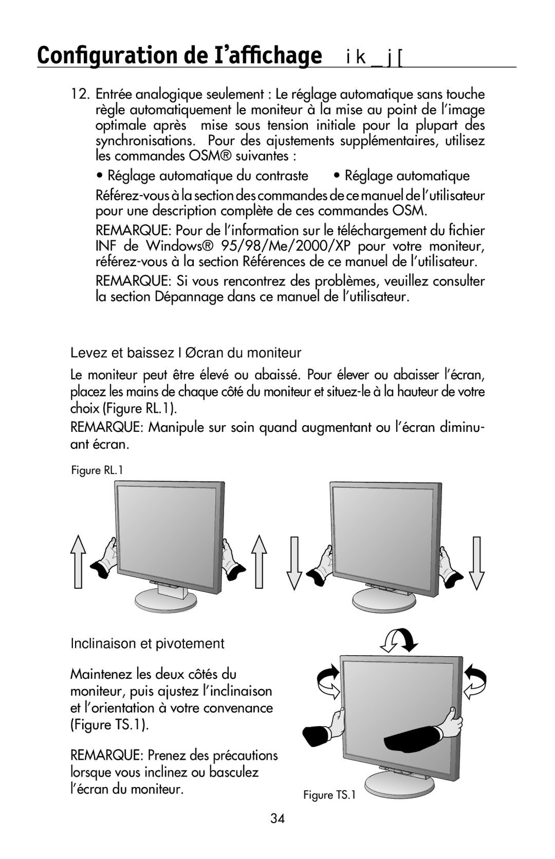 NEC LCD2070VX, LCD2170NX user manual Levez et baissez l’écran du moniteur, Inclinaison et pivotement 