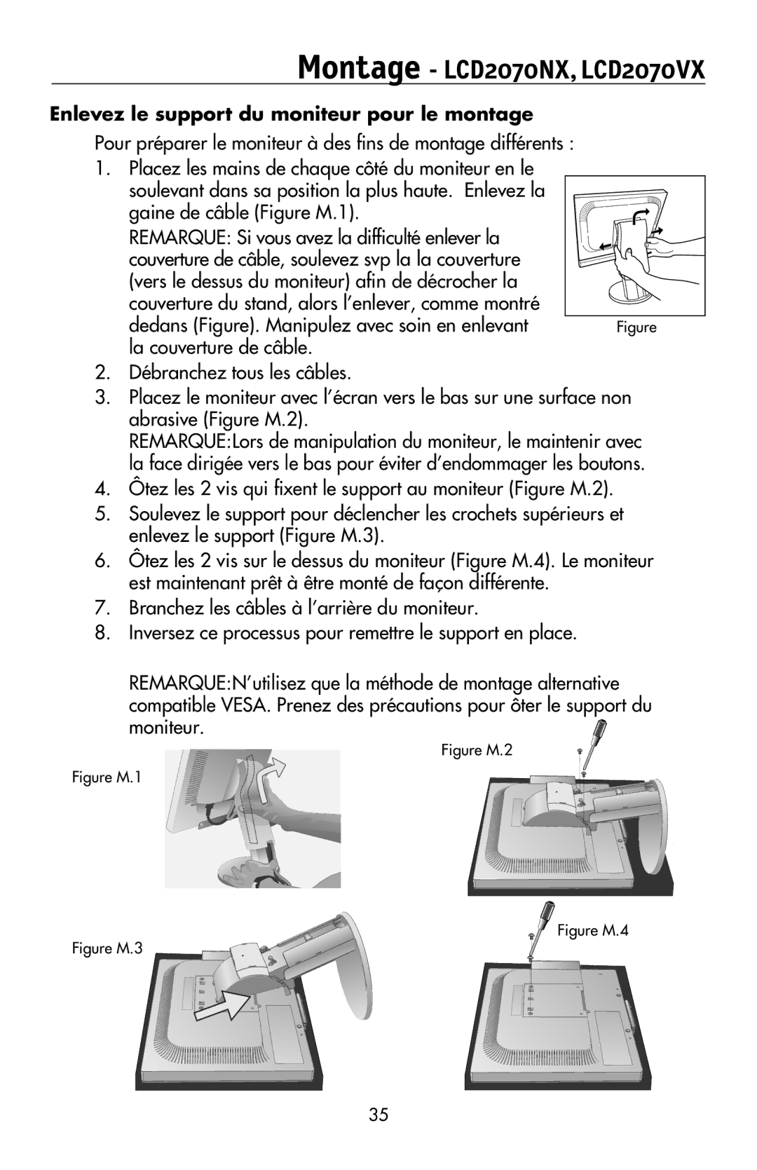 NEC LCD2170NX user manual Montage LCD2070NX, LCD2070VX, Enlevez le support du moniteur pour le montage 