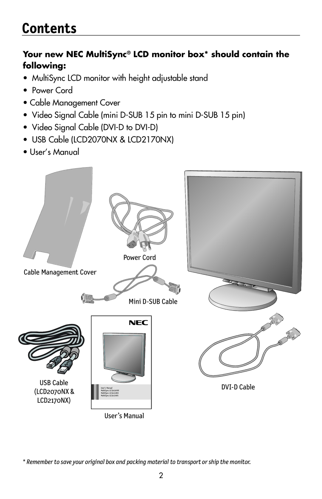 NEC LCD2070VX, LCD2170NX user manual Contents 