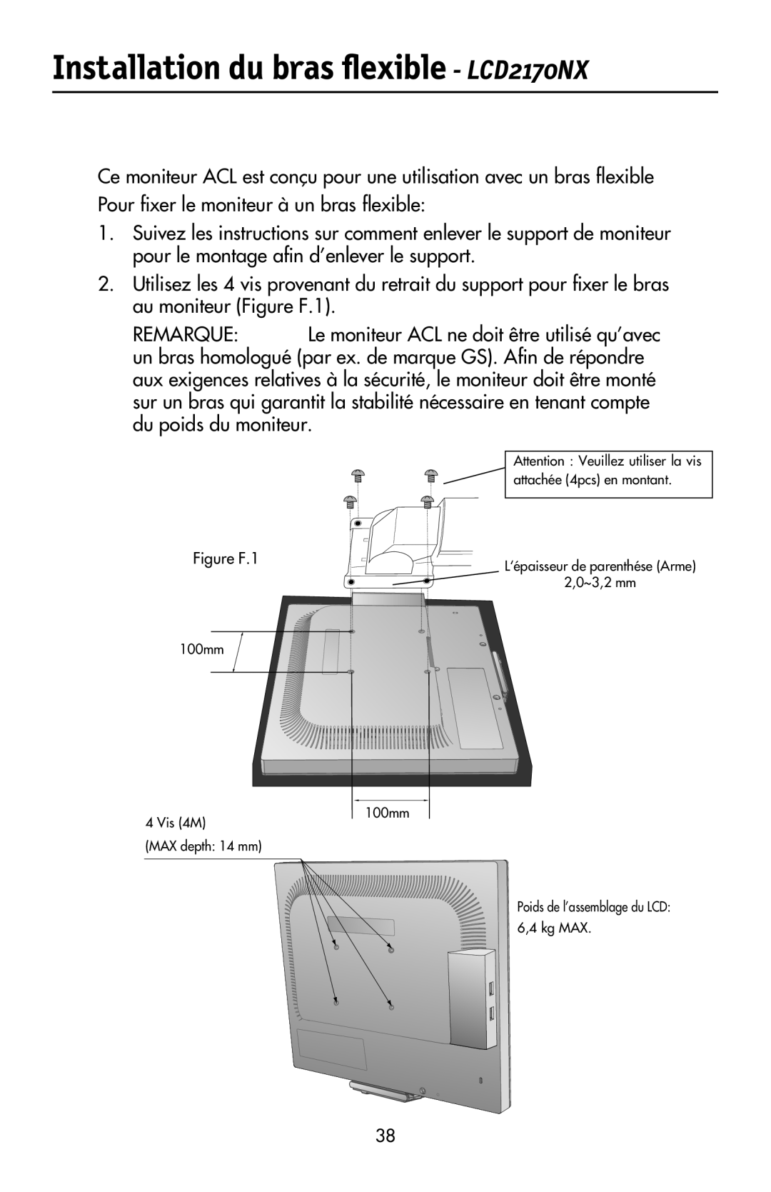 NEC LCD2070VX user manual Installation du bras flexible LCD2170NX 