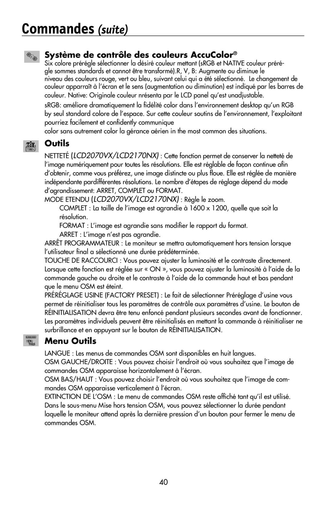 NEC LCD2070VX, LCD2170NX user manual Système de contrôle des couleurs AccuColor, Menu Outils 