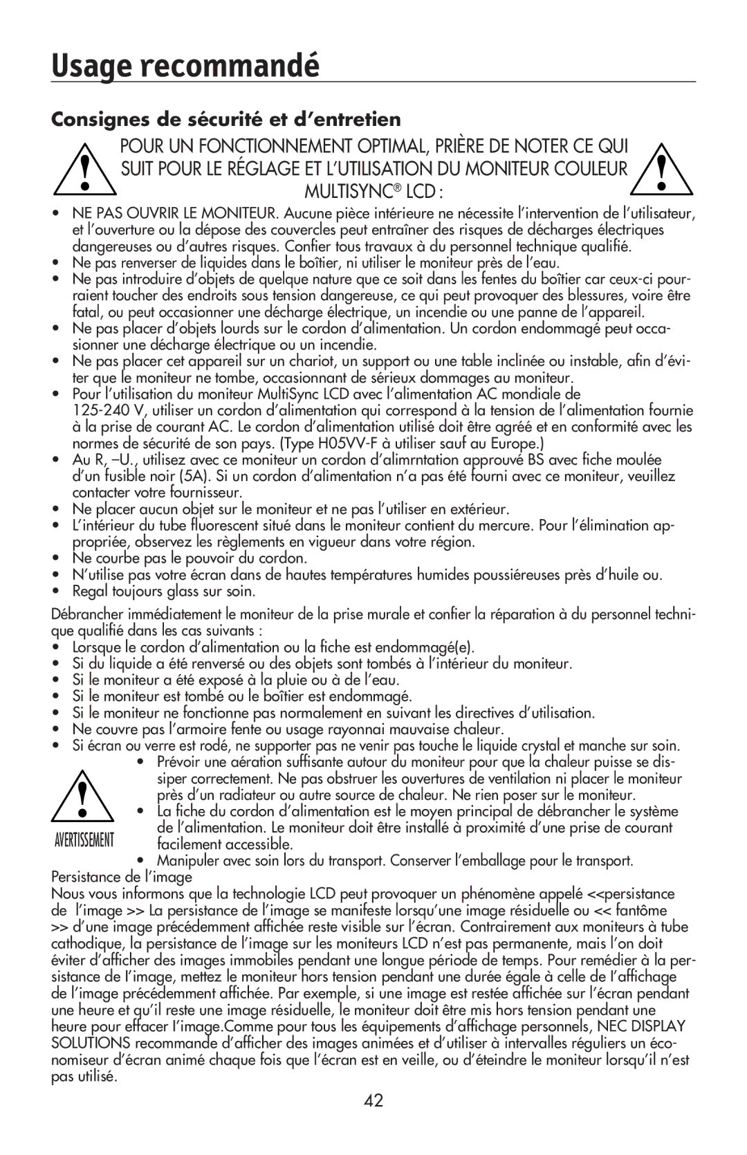 NEC LCD2070VX, LCD2170NX user manual Usage recommandé, Consignes de sécurité et d’entretien 