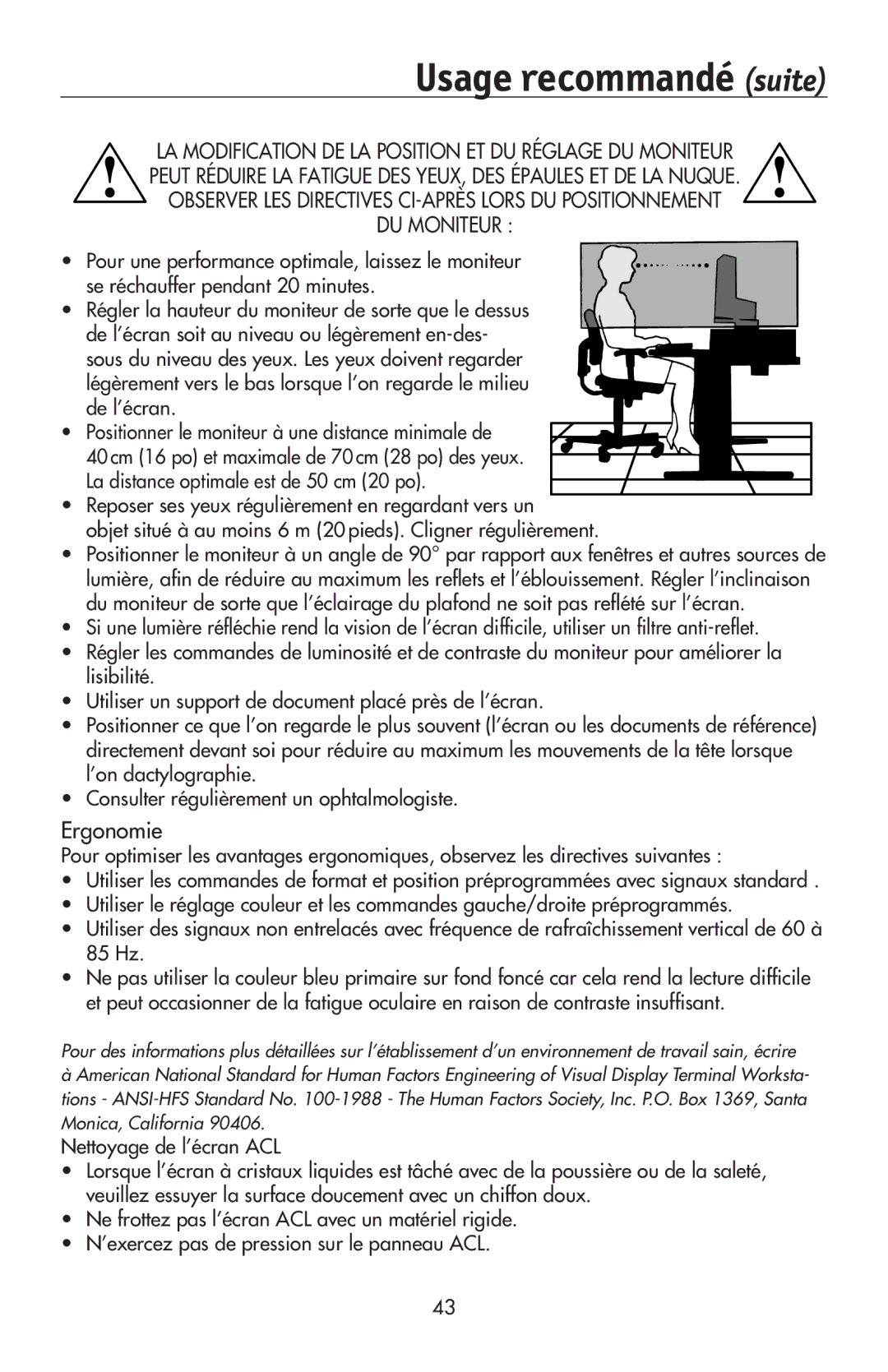 NEC LCD2170NX, LCD2070VX user manual Usage recommandé suite, Ergonomie 