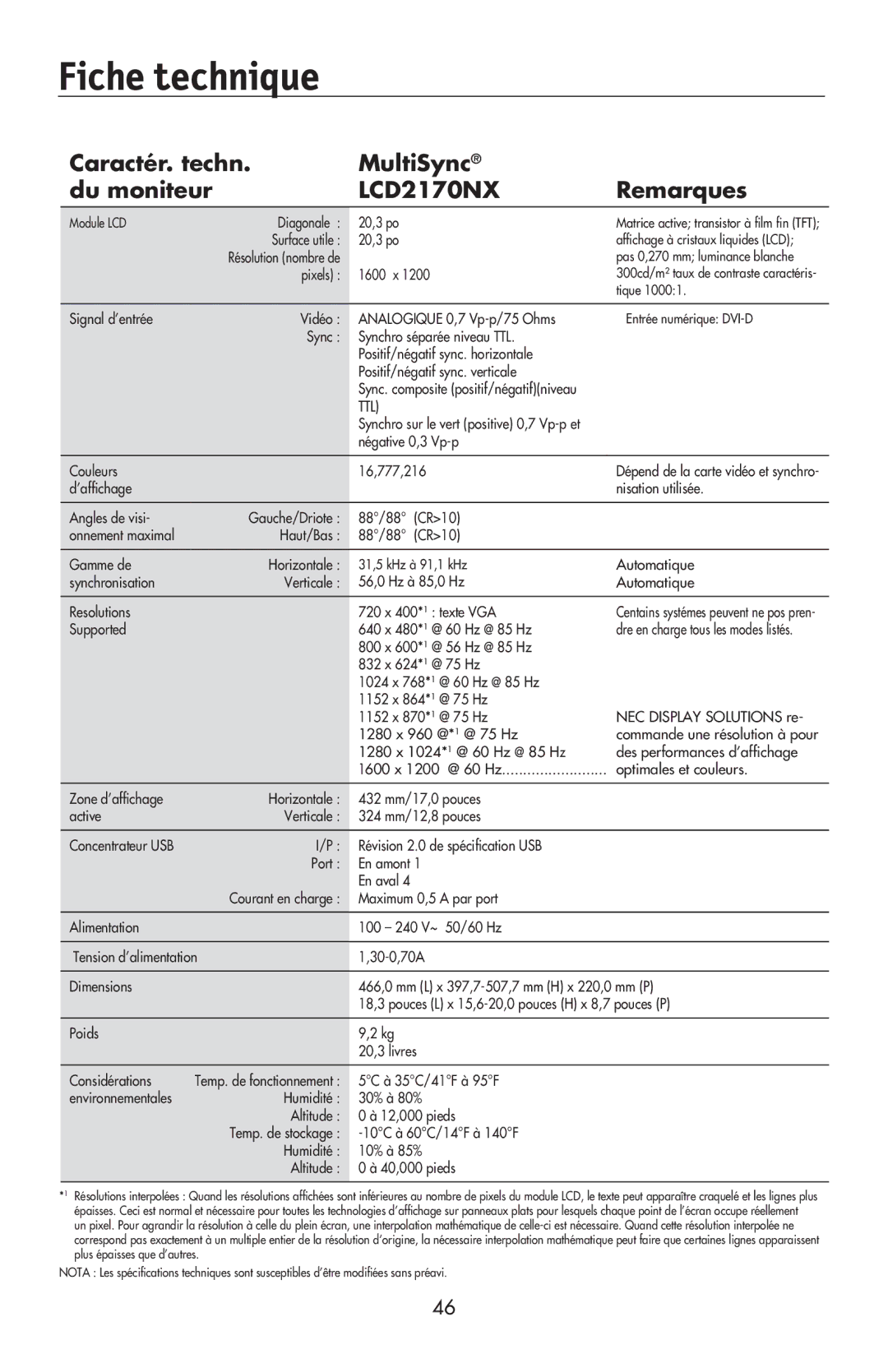 NEC LCD2070VX, LCD2170NX user manual Fiche technique 