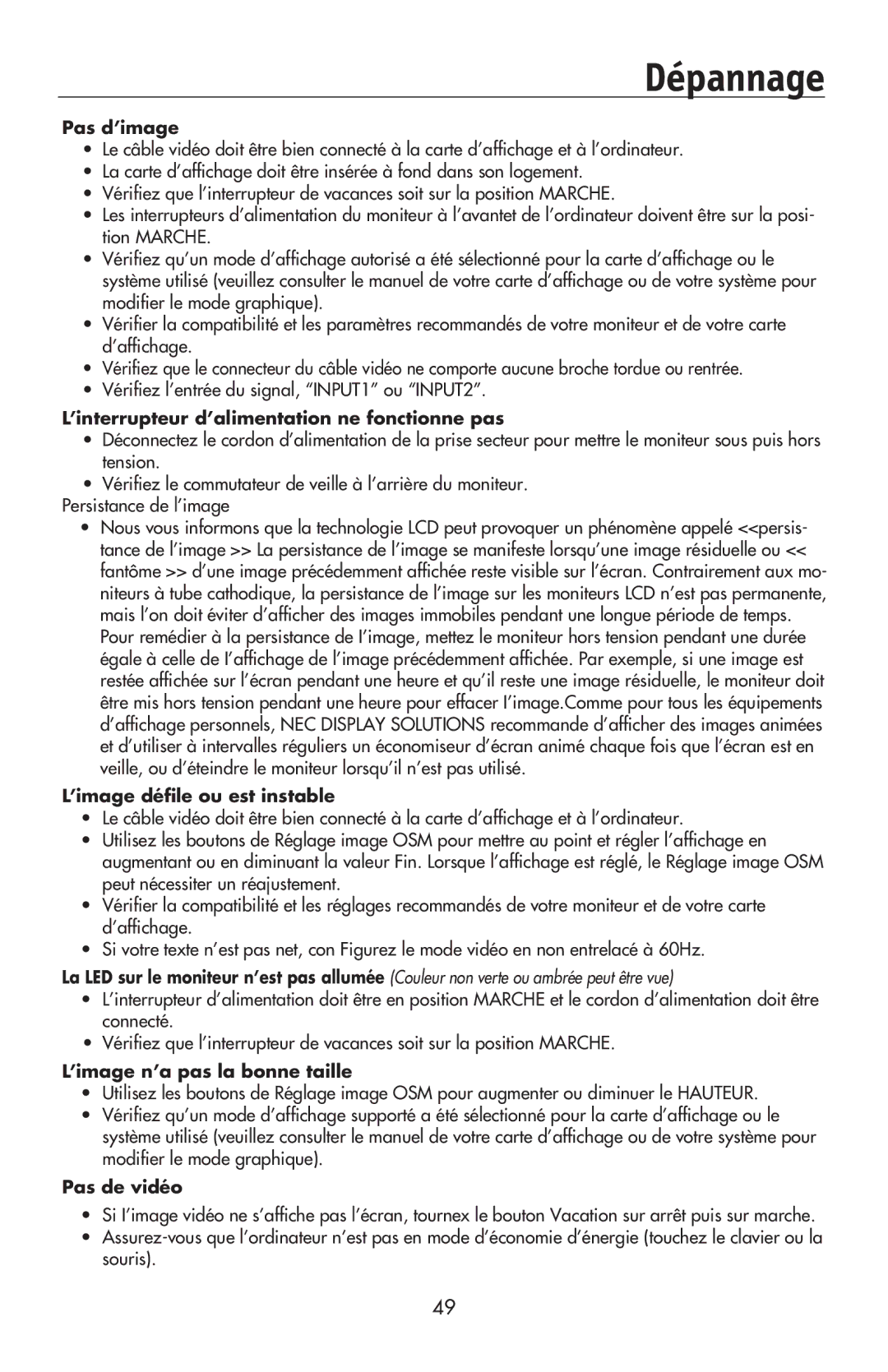 NEC LCD2170NX, LCD2070VX user manual Dépannage, Pas d’image 