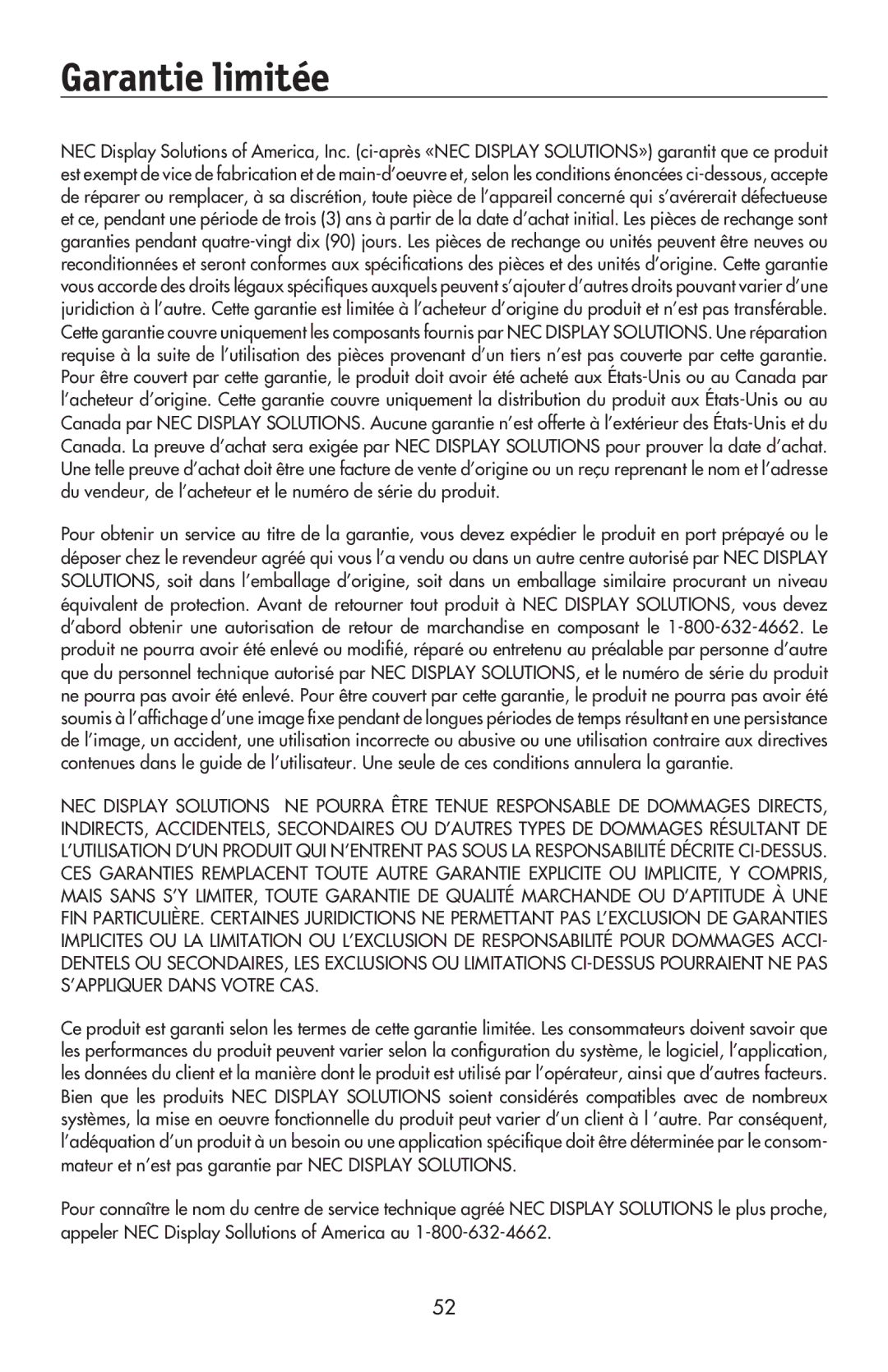 NEC LCD2070VX, LCD2170NX user manual Garantie limitée 