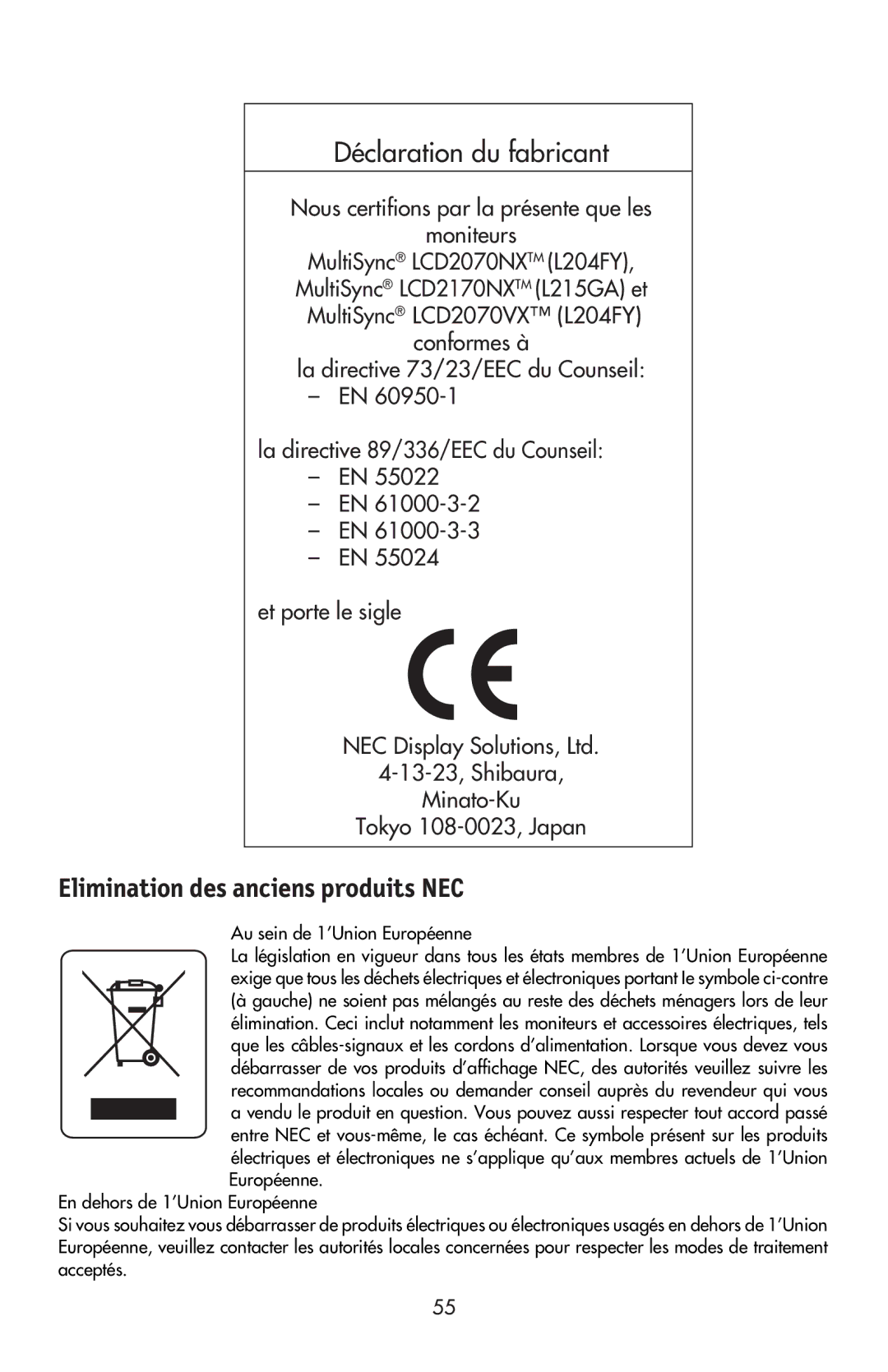 NEC LCD2170NX, LCD2070VX user manual Elimination des anciens produits NEC 