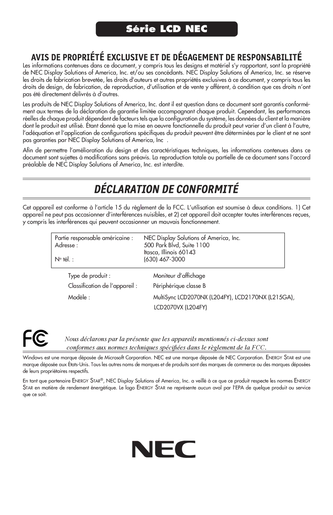 NEC LCD2070VX, LCD2170NX user manual Déclaration DE Conformité 