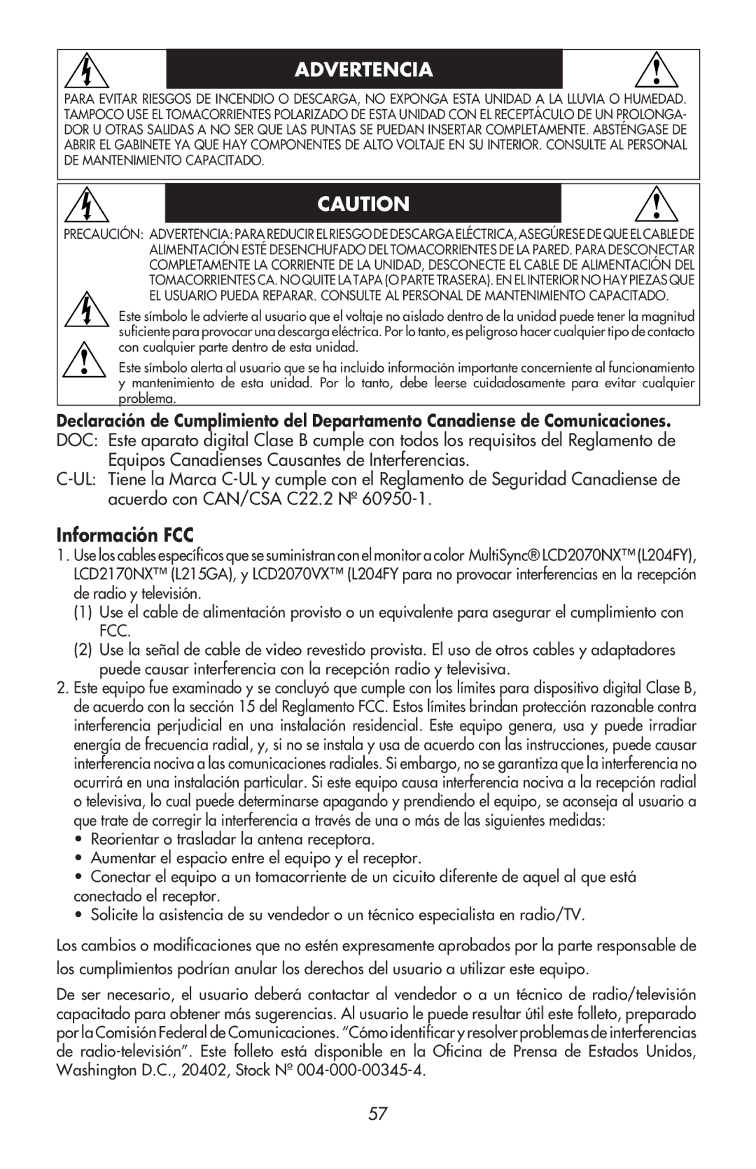 NEC LCD2170NX, LCD2070VX user manual Advertencia, Información FCC 