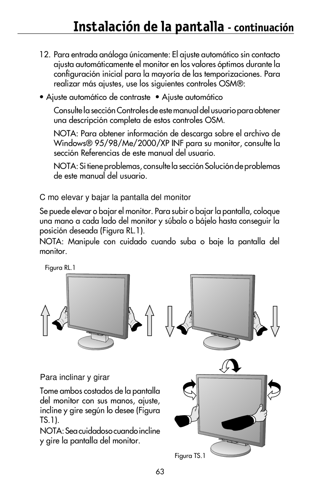 NEC LCD2170NX, LCD2070VX user manual Cómo elevar y bajar la pantalla del monitor, Para inclinar y girar 